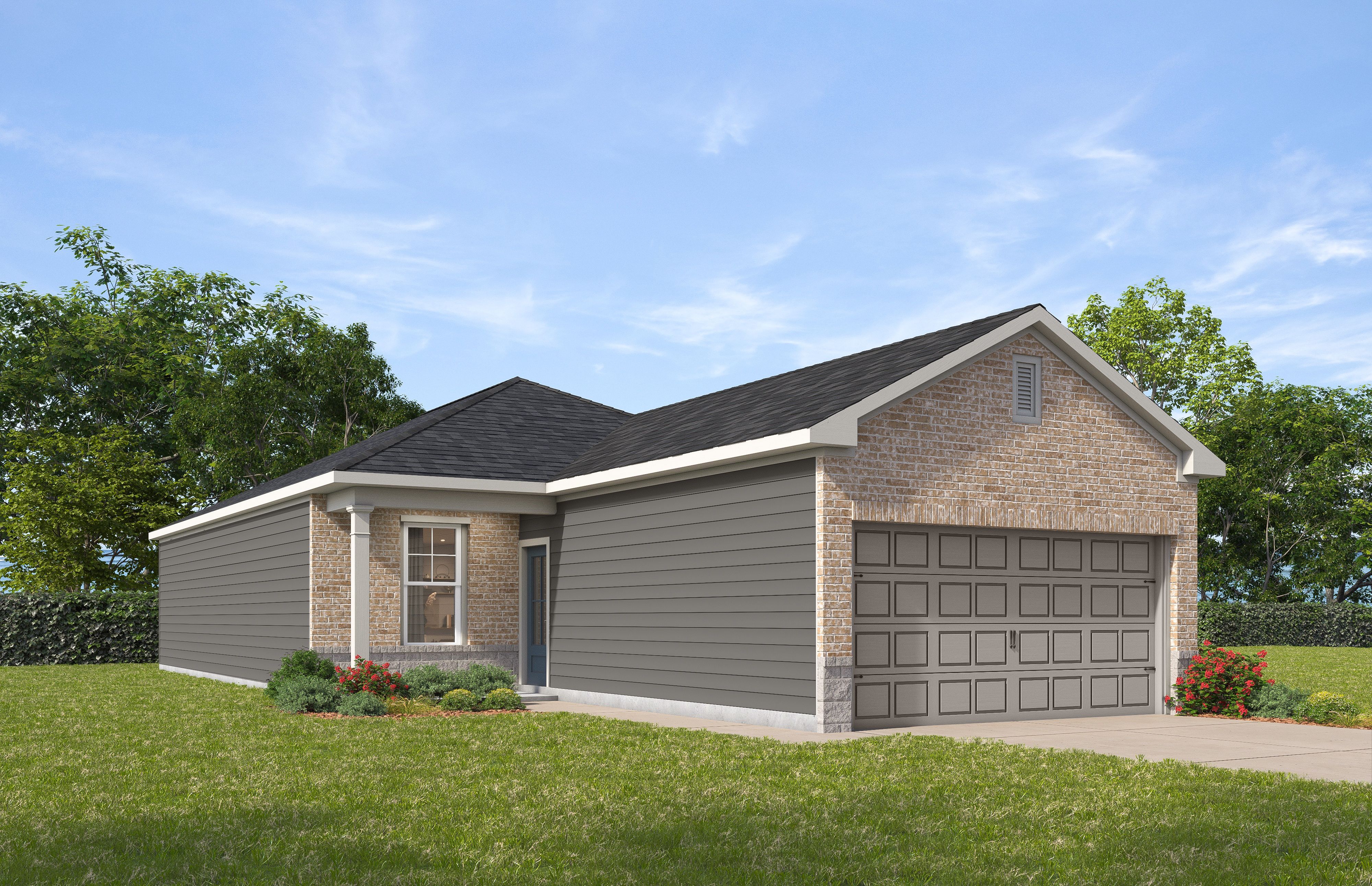 The Comal G single-story home elevation featuring brick accents, gray siding, two-car garage, and lush landscaping in Conroe
