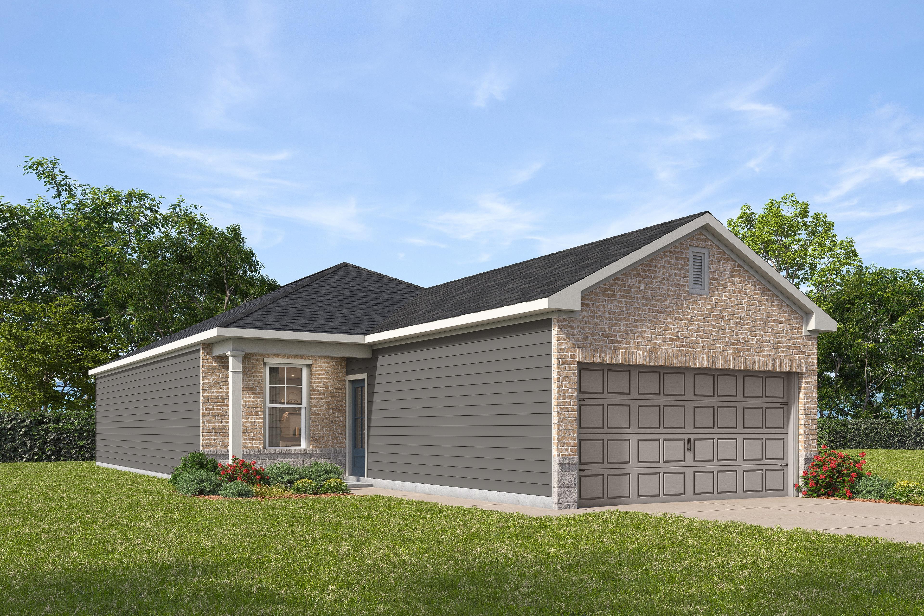The Comal G single-story home elevation featuring brick accents, gray siding, two-car garage, and lush landscaping in Conroe