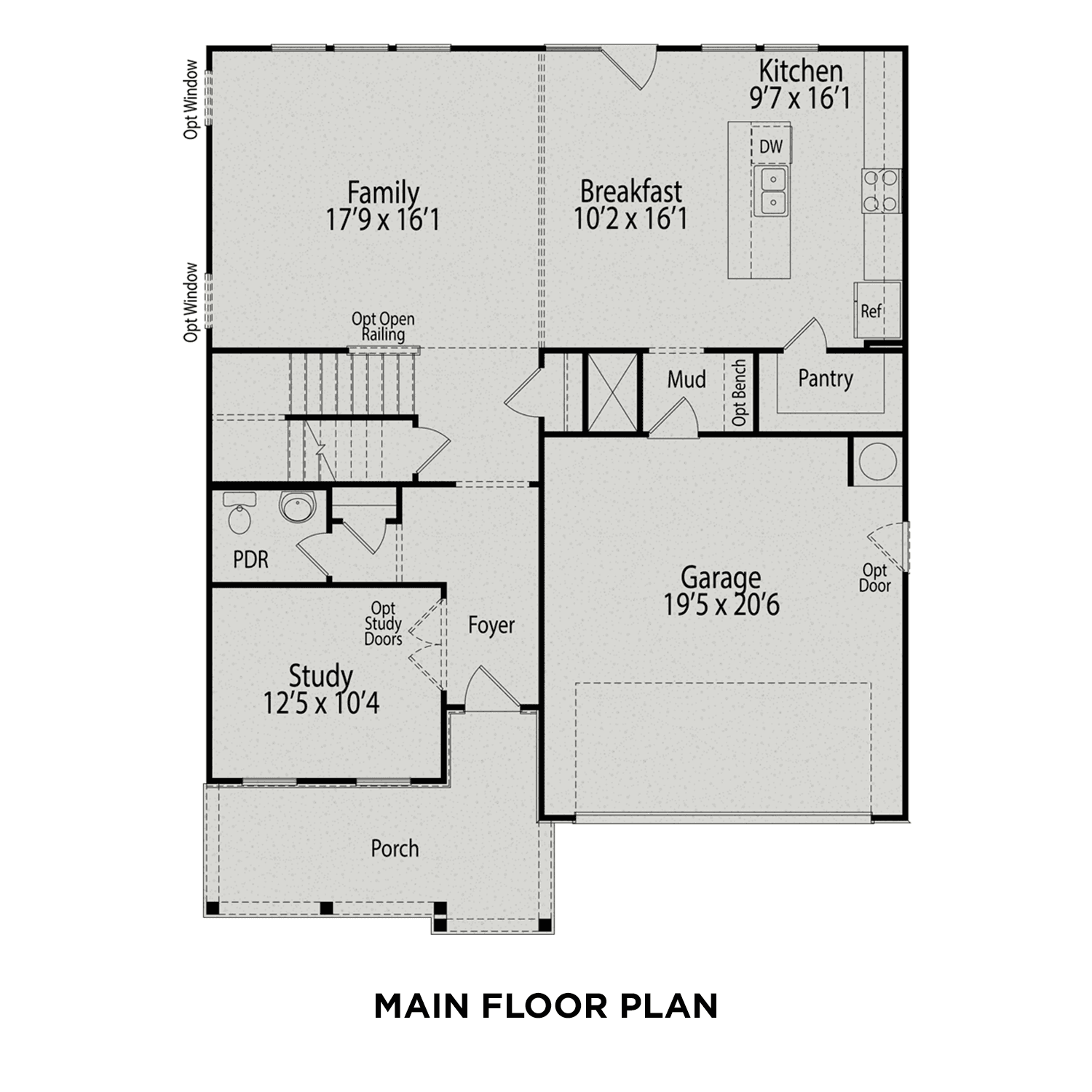 Main floor plan of The Chestnut A by Davidson Homes: open kitchen, family room, breakfast nook, study, foyer, 2-car garage, porch