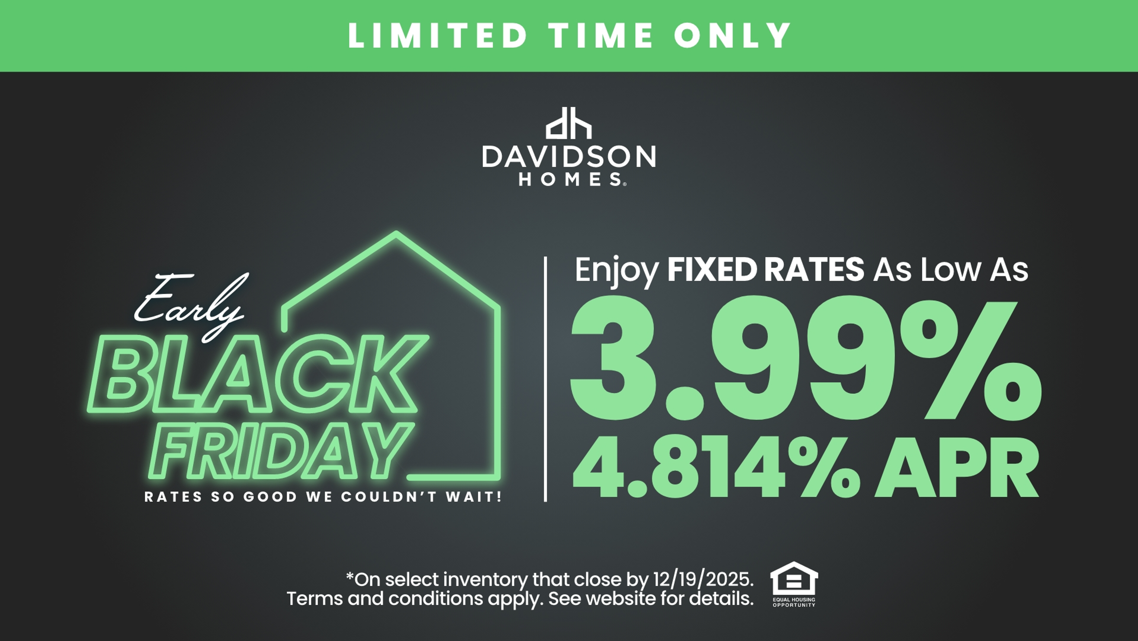 Early Black Friday banner for Davidson Homes: fixed rates as low as 3.99% (4.814% APR) on select new home inventory
