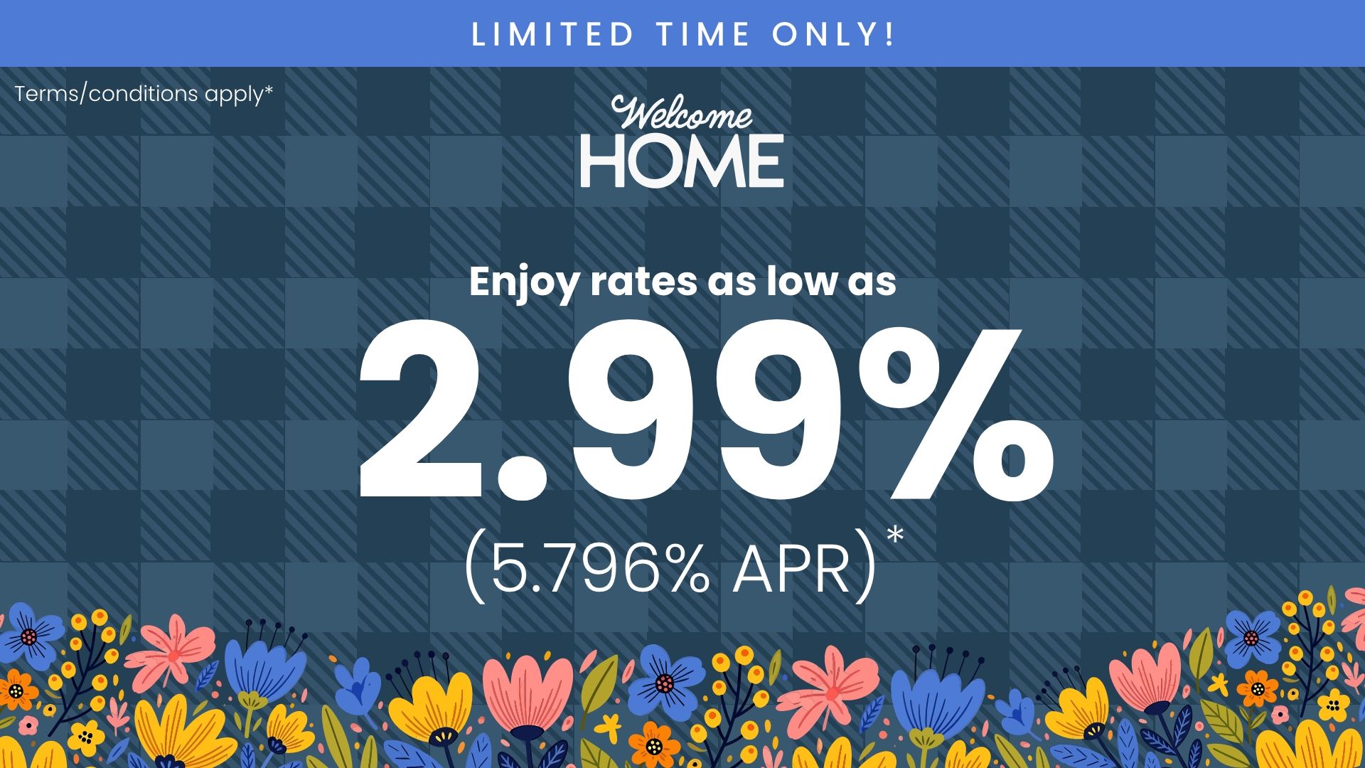 Happy couple unpacking on cozy couch surrounded by moving boxes in new home, welcome home text and limited time offer