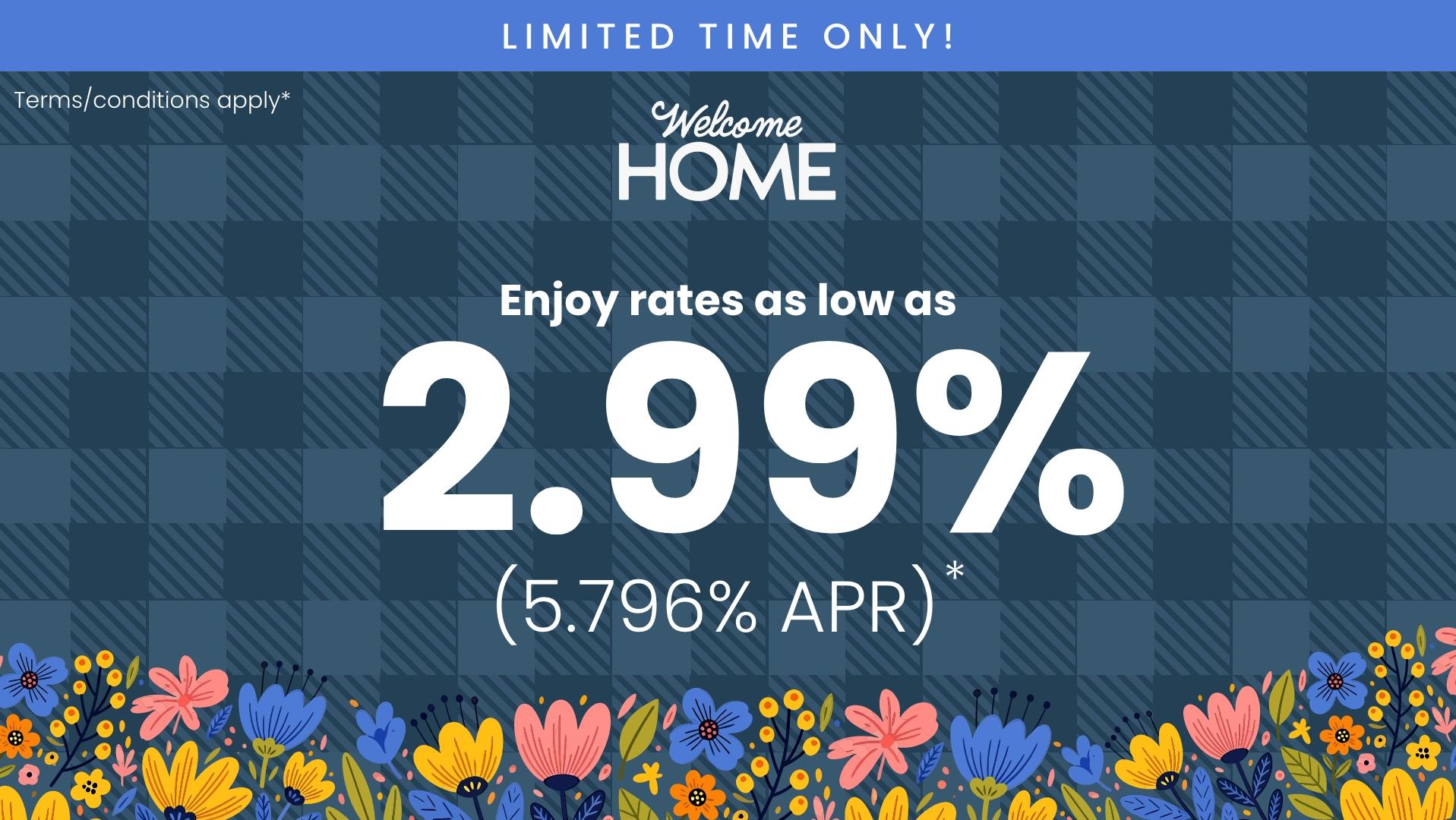 Happy couple unpacking on cozy couch surrounded by moving boxes in new home, welcome home text and limited time offer