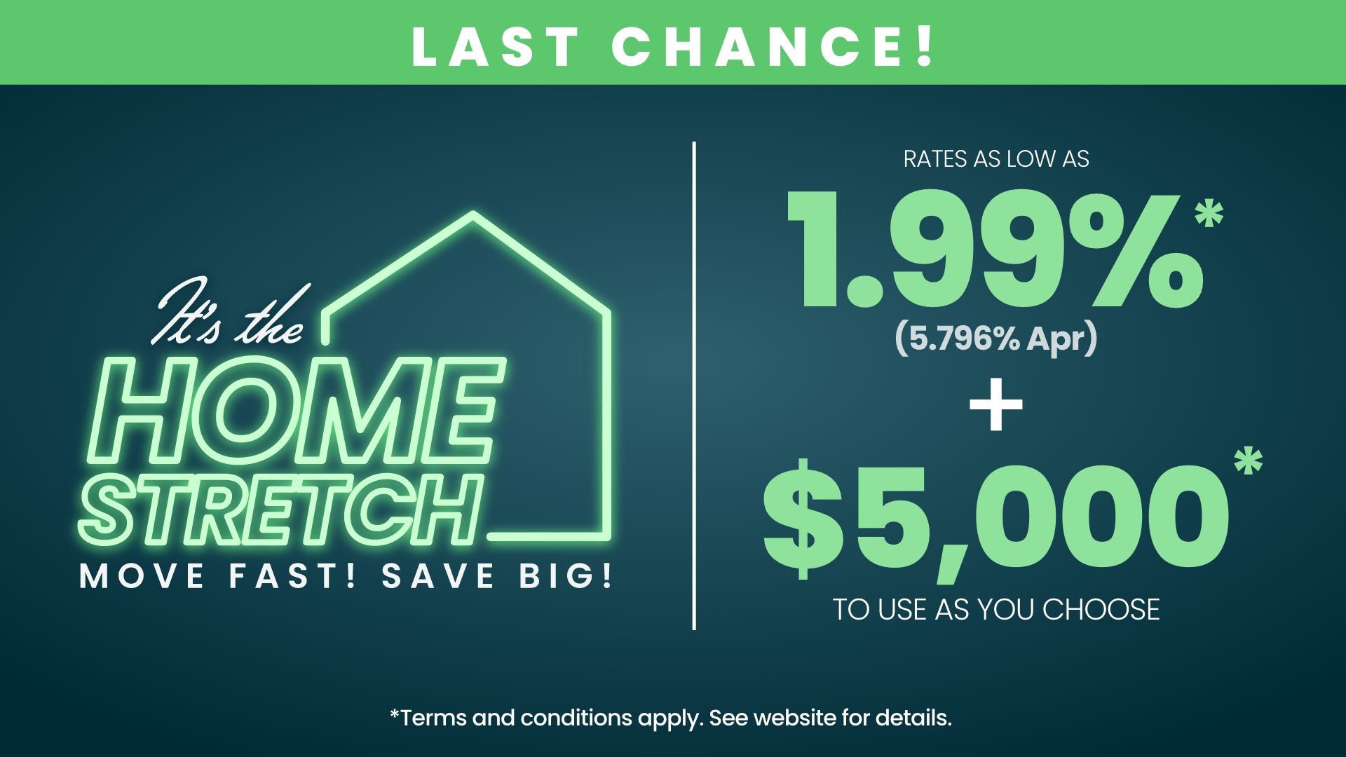 Home Stretch banner with 1.99% fixed rates (5.796% APR) promotion, limited time offer in San Antonio, vibrant floral borders