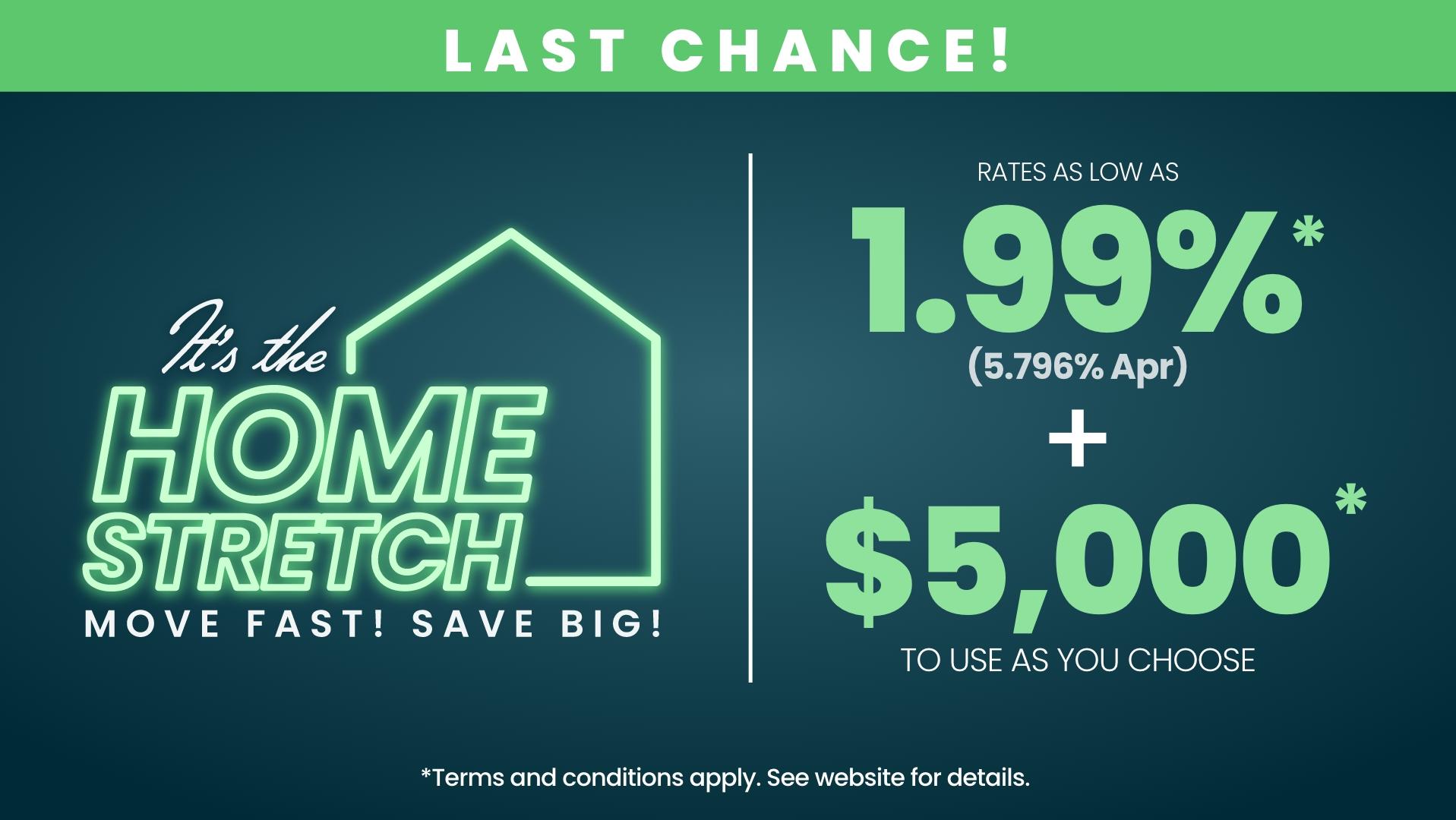 Home Stretch banner with 1.99% fixed rates (5.796% APR) promotion, limited time offer in San Antonio, vibrant floral borders