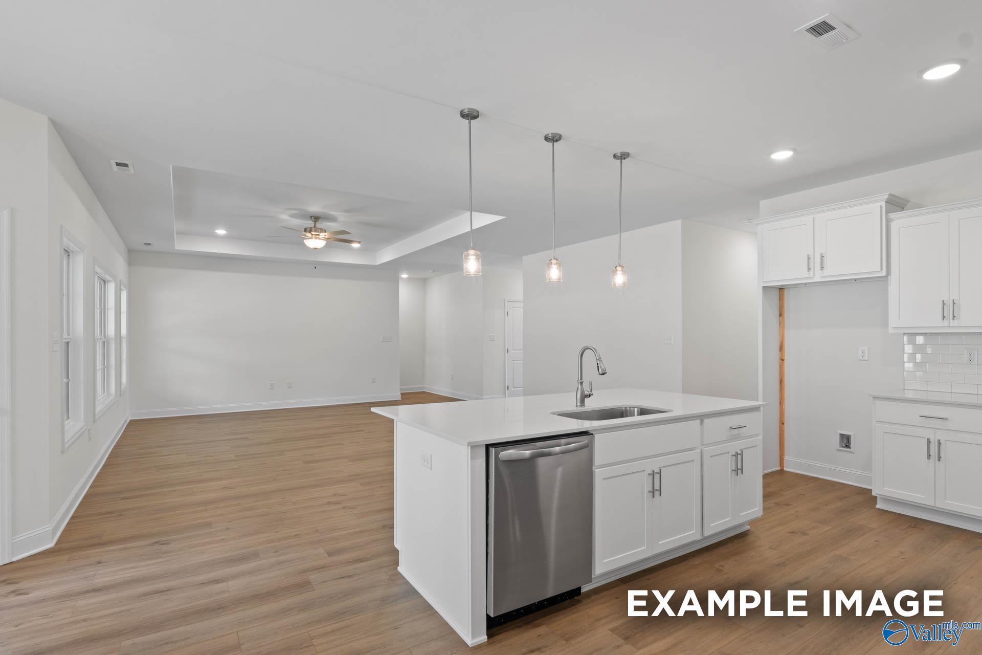Modern open-concept kitchen with white island, stainless sink, hardwood floors in The Rockford C, Madison, Alabama