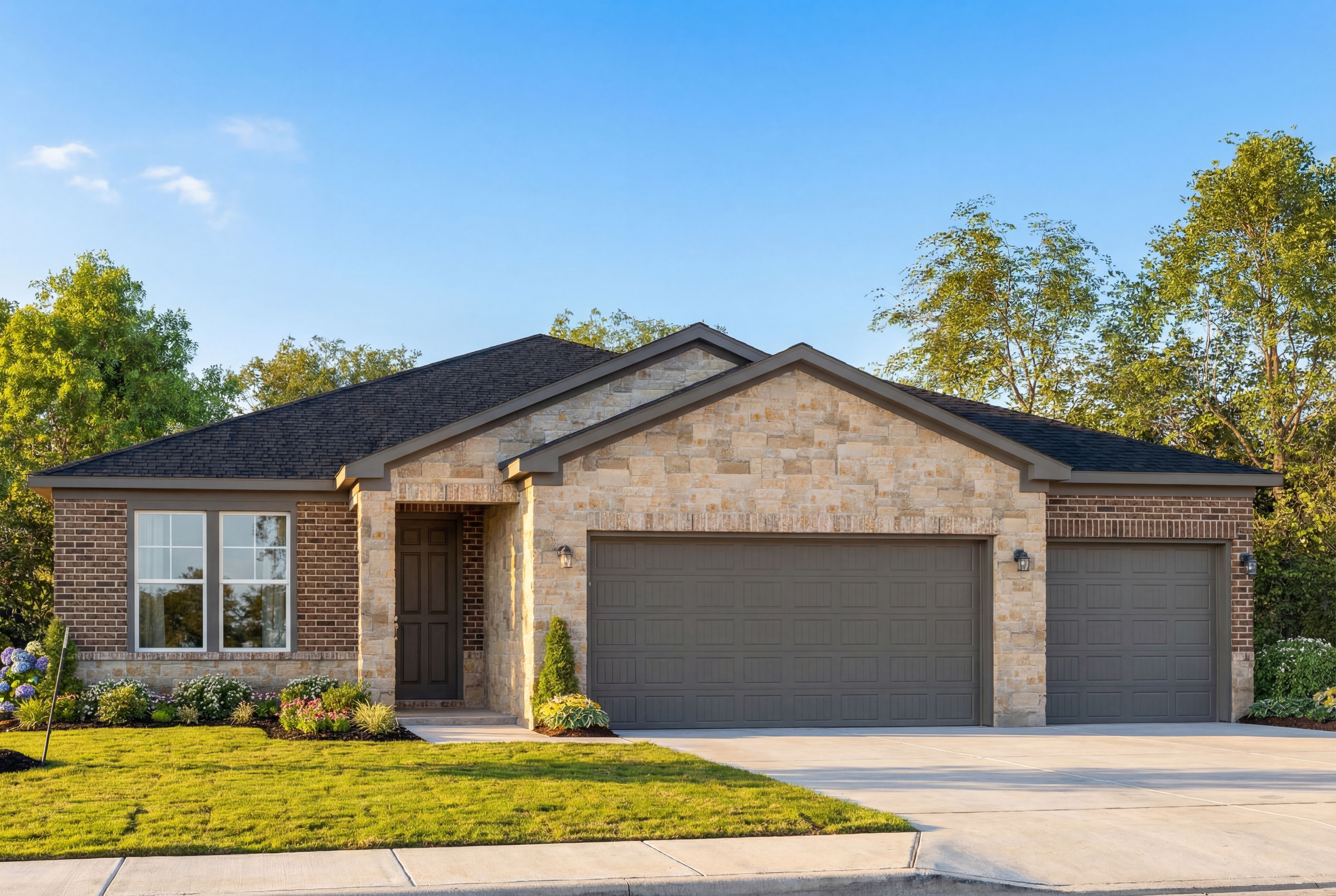 Modern stone and brick exterior of The Lanier I one-story home with 3-car garage, landscaped yard, and blue sky backdrop