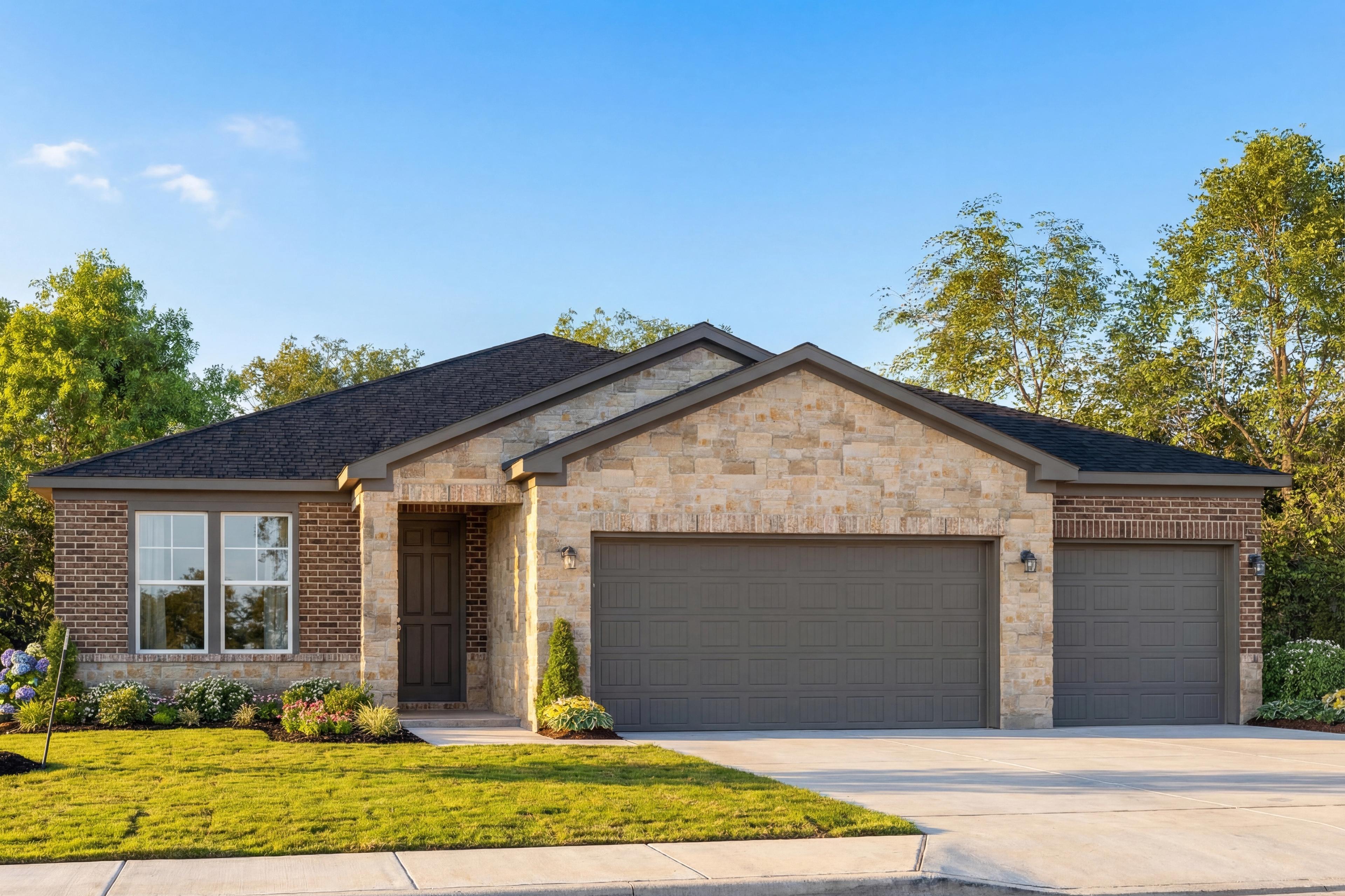 Modern stone and brick exterior of The Lanier I one-story home with 3-car garage, landscaped yard, and blue sky backdrop