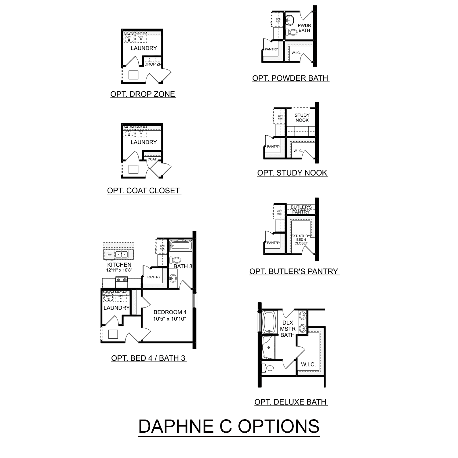 Daphne C 4-bedroom single-story floor plan with master suite, open kitchen, optional study nook and butler's pantry by Davidson Homes