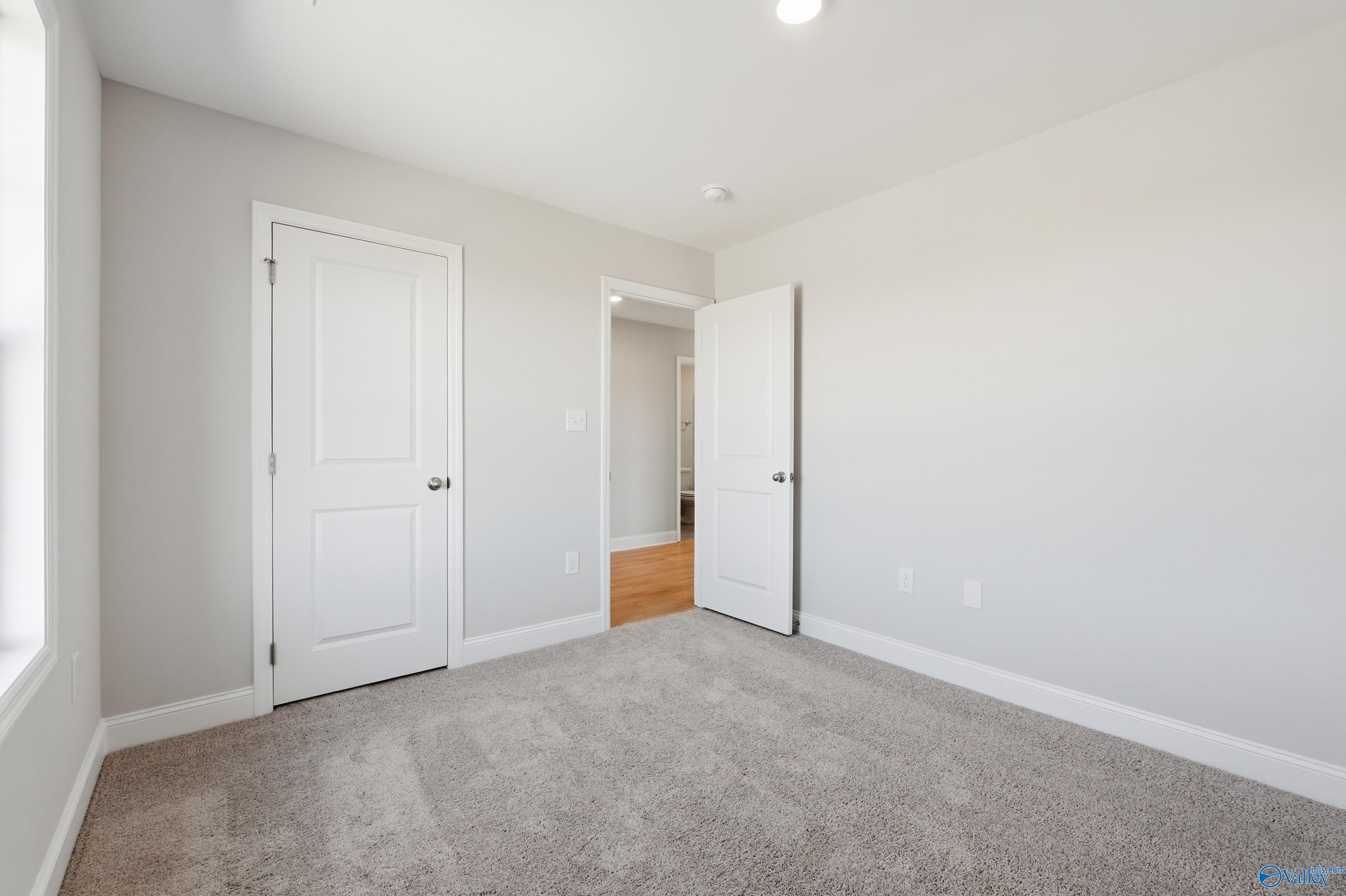 Secondary bedroom featuring gray carpet and walls, open door to bathroom in Davidson Homes The Butler, New Market, Alabama