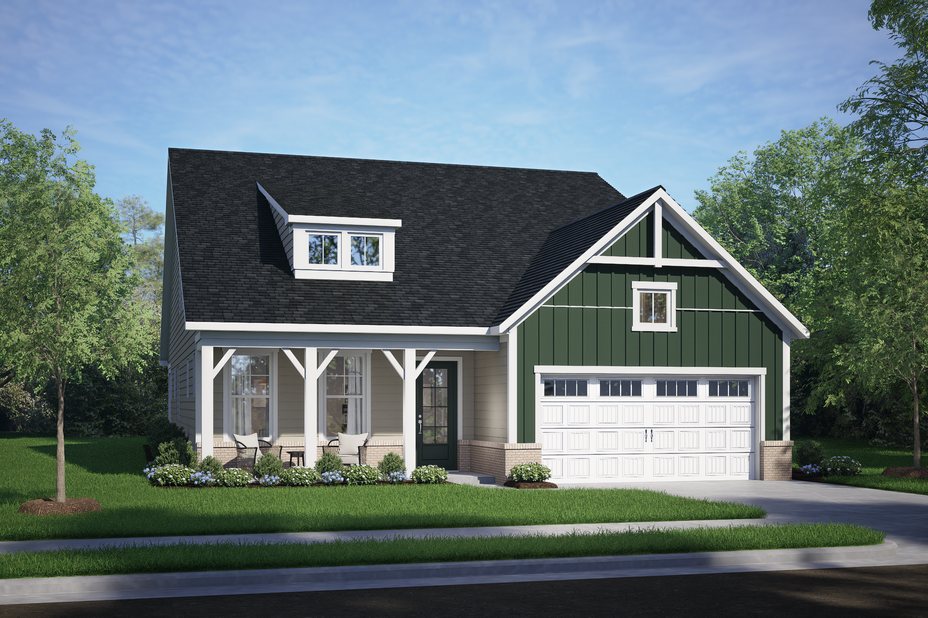 Birch II B two-story home exterior: gray siding, gabled roof, covered porch, teal door, two-car garage, blooming landscape in Angier NC