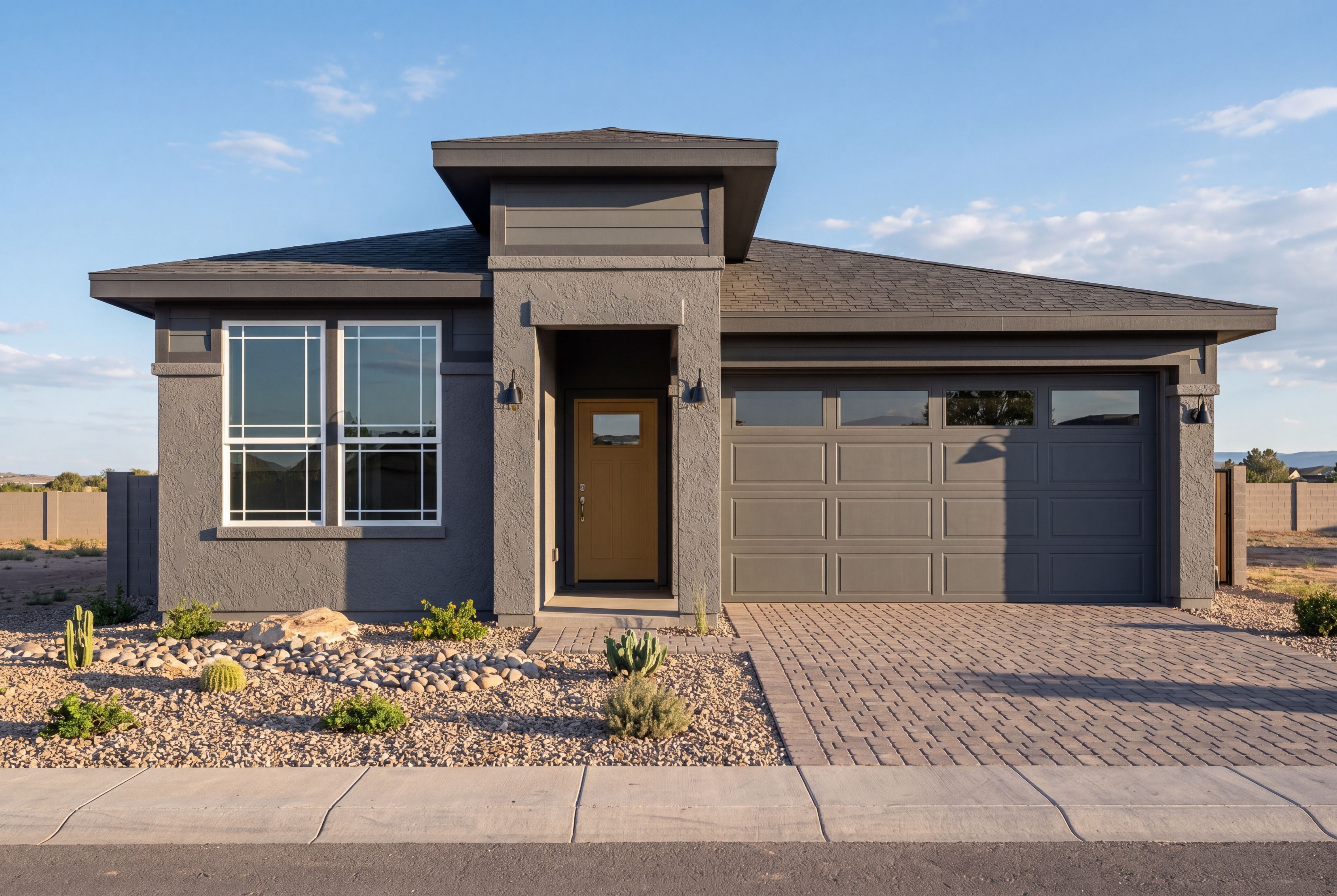Modern exterior of The Newport by Davidson Homes, a 1-story single-family home with 2-car garage in Prescott, Arizona.