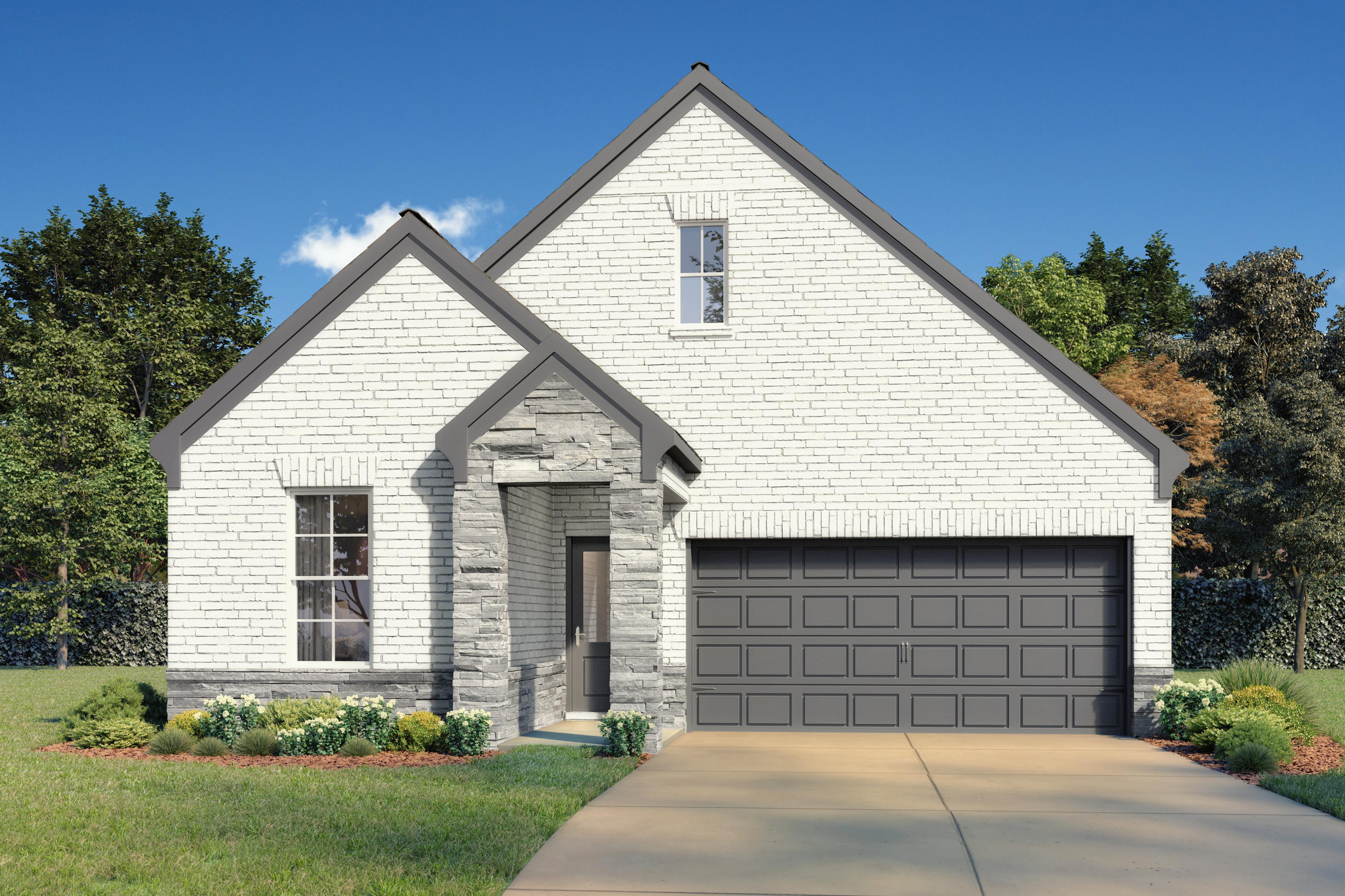 Modern white brick front elevation of The Brookside G 3-bedroom home with stone accents, two-car garage, and landscaped yard in Crosby, Texas