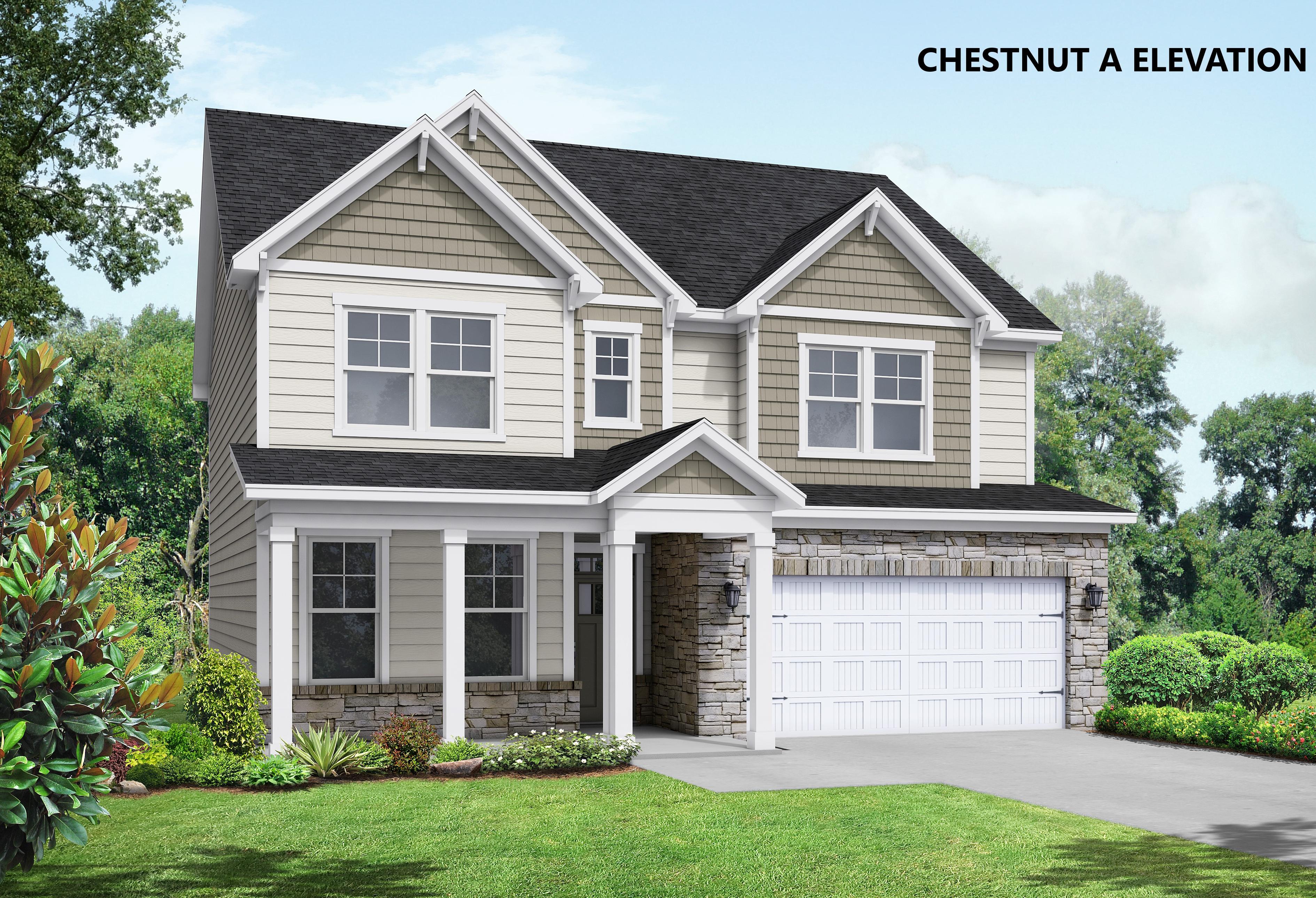 Chestnut A elevation of 2-story craftsman home with beige siding, stone accents, covered porch, 2-car garage, and lush landscaping