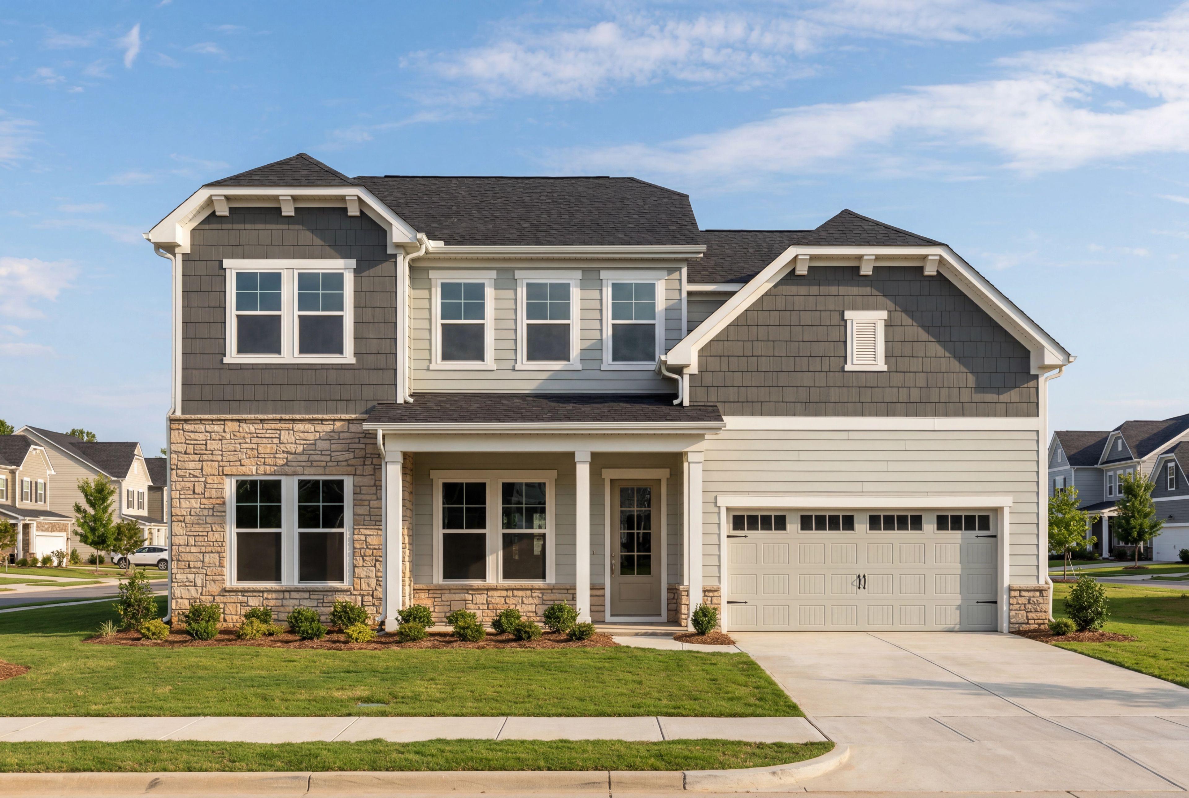 Two-story The Barrington C home elevation with stone accents, gray siding, front porch, and 2-car garage in Apex NC