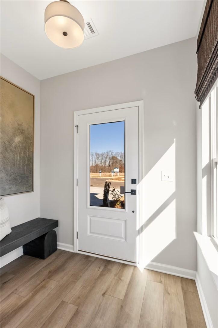 Bright welcoming foyer with glass-panel front door, wood-look flooring, and natural light in Davidson Homes The Burton C, Auburn AL