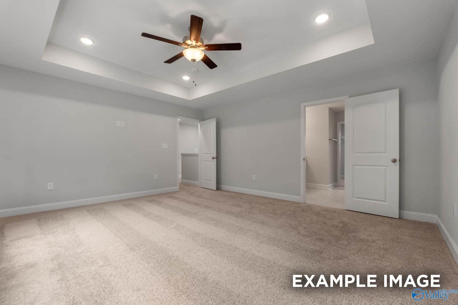Spacious master bedroom with tray ceiling, ceiling fan, walk-in closet, and en-suite bath in Davidson Homes The Shelby C, Arab, Alabama