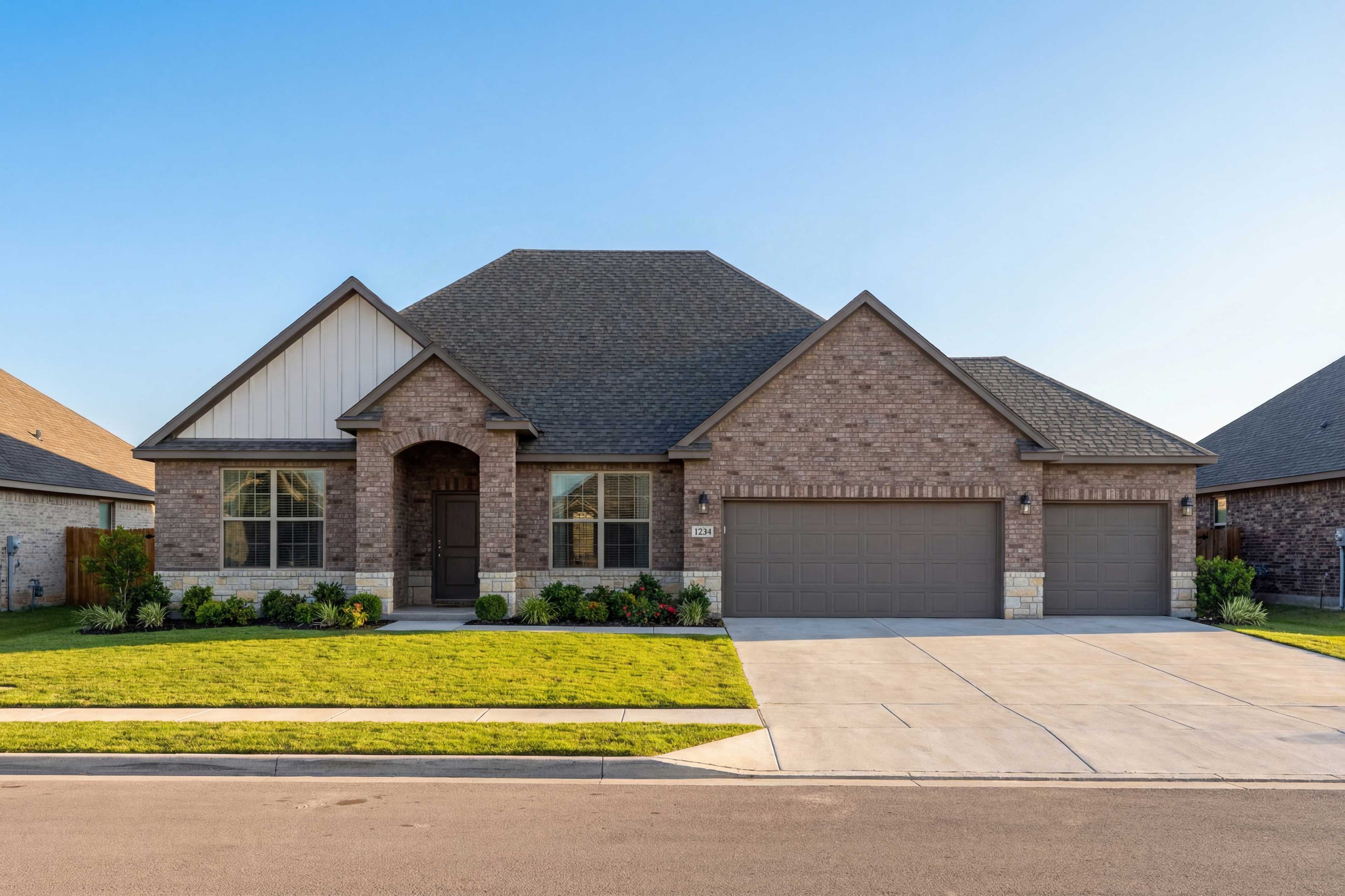 Modern single-story The Harrison D exterior with brick and siding, 3-car garage, arched entry, and lush green lawn