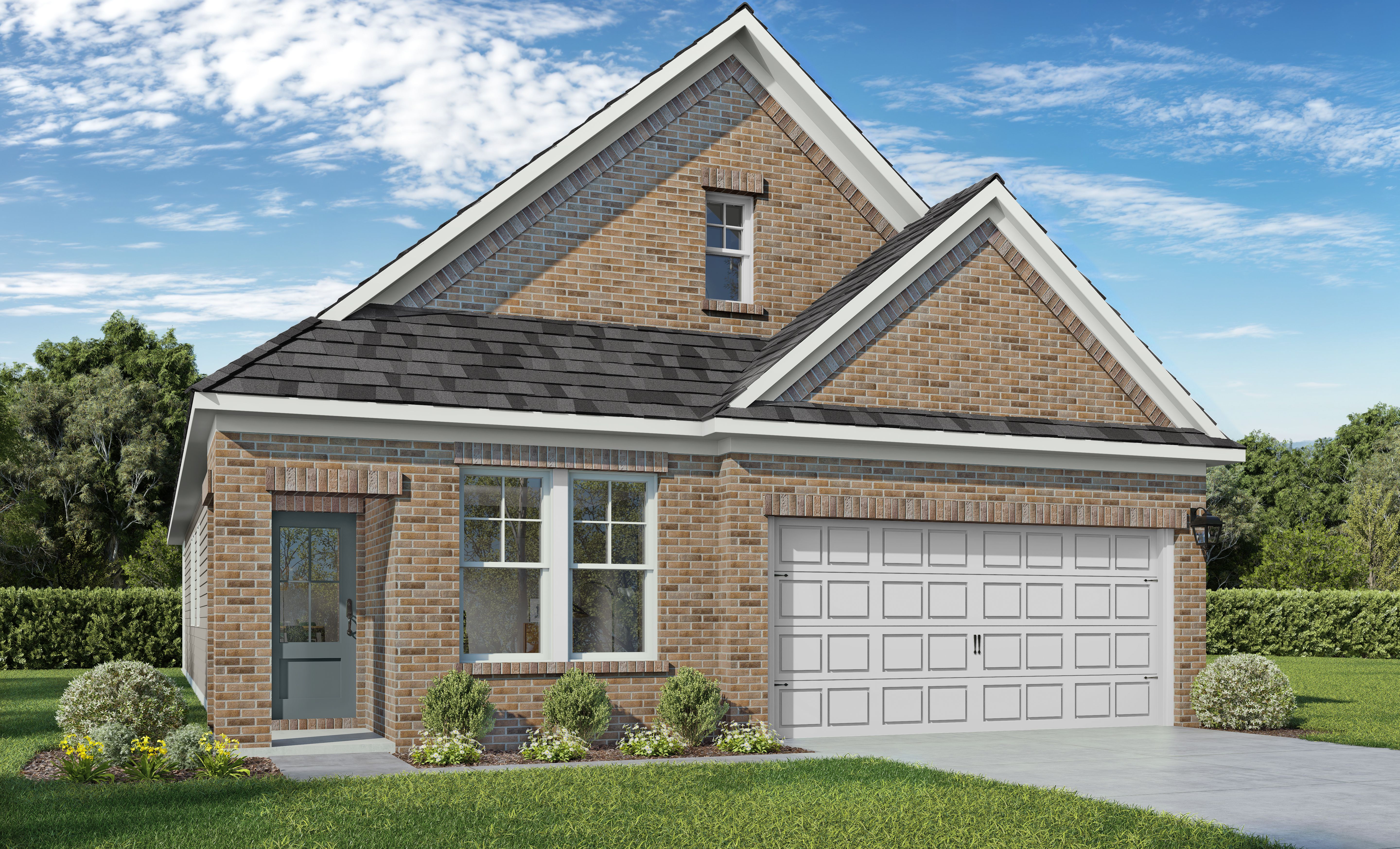 Brick exterior of Westfield E single-story home featuring 2-car garage, gabled roof, and landscaped yard in Crosby Texas