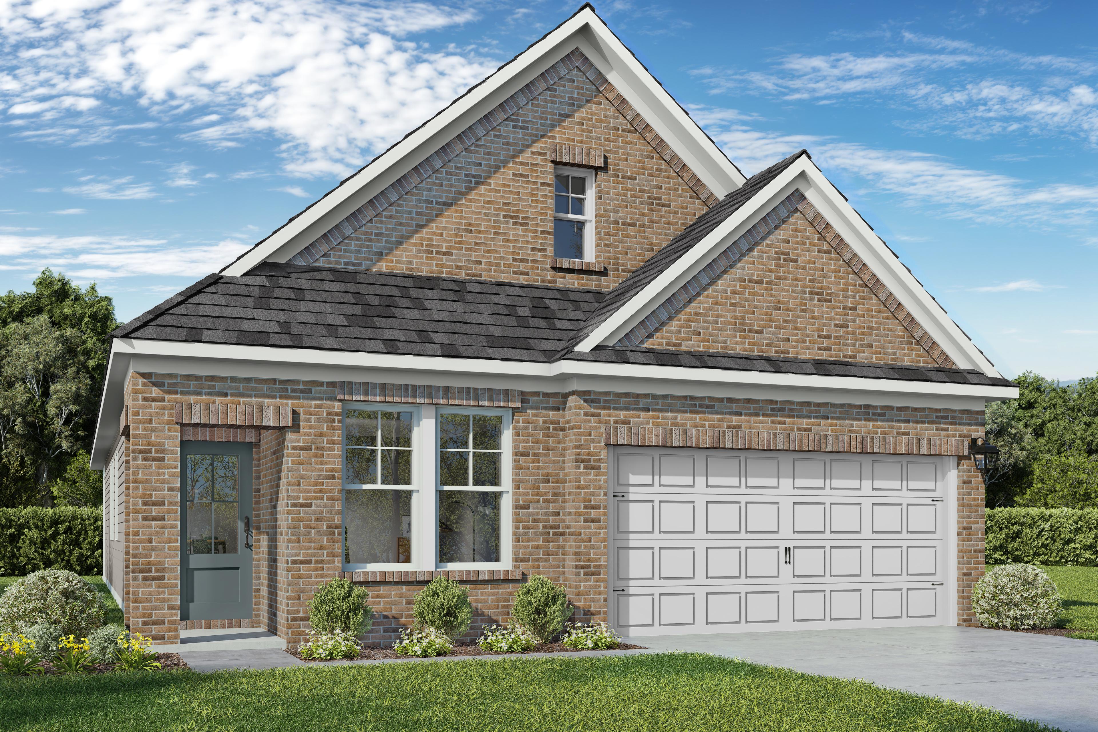 Brick exterior of Westfield E single-story home featuring 2-car garage, gabled roof, and landscaped yard in Crosby Texas