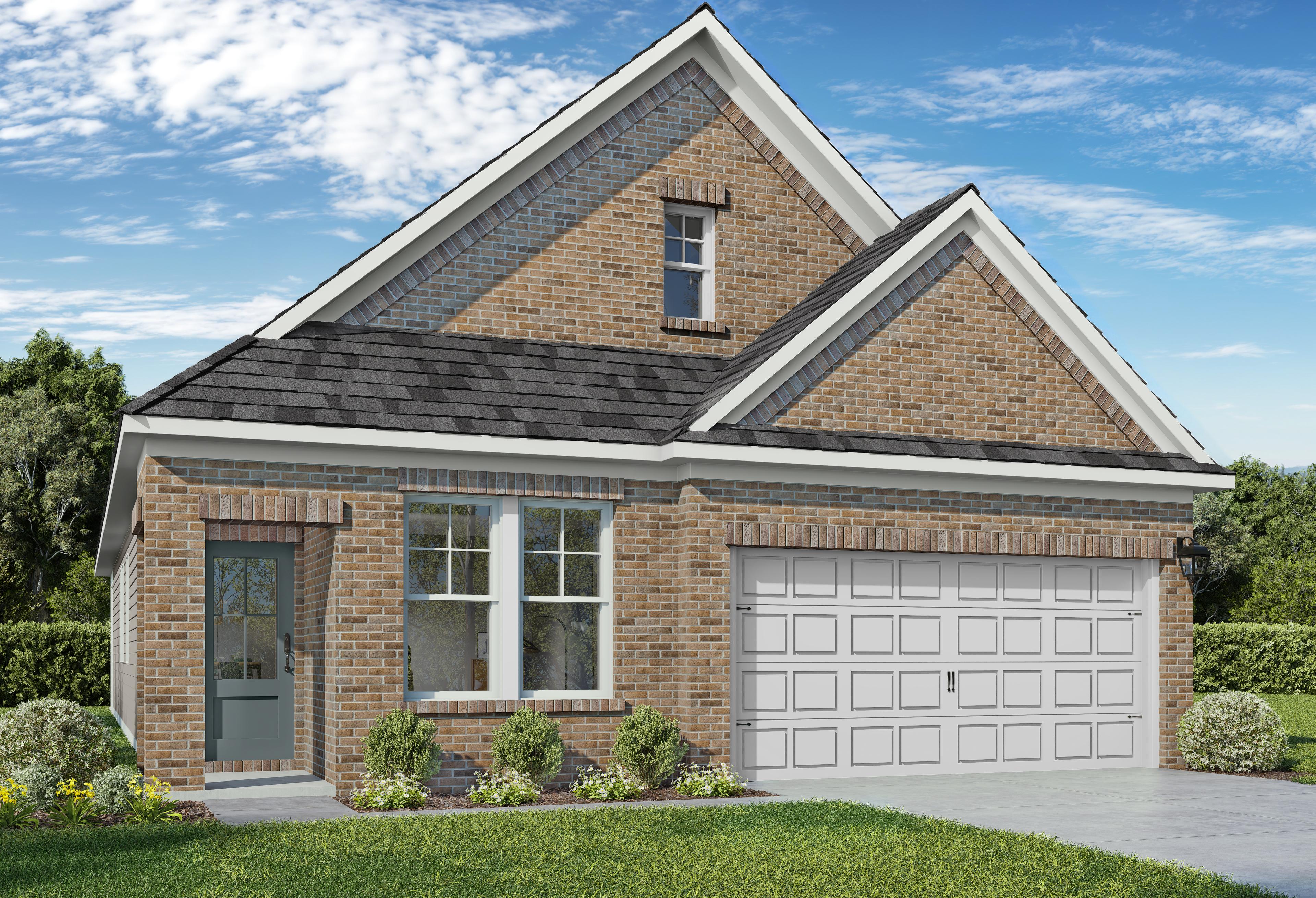 Brick exterior of Westfield E single-story home featuring 2-car garage, gabled roof, and landscaped yard in Crosby Texas
