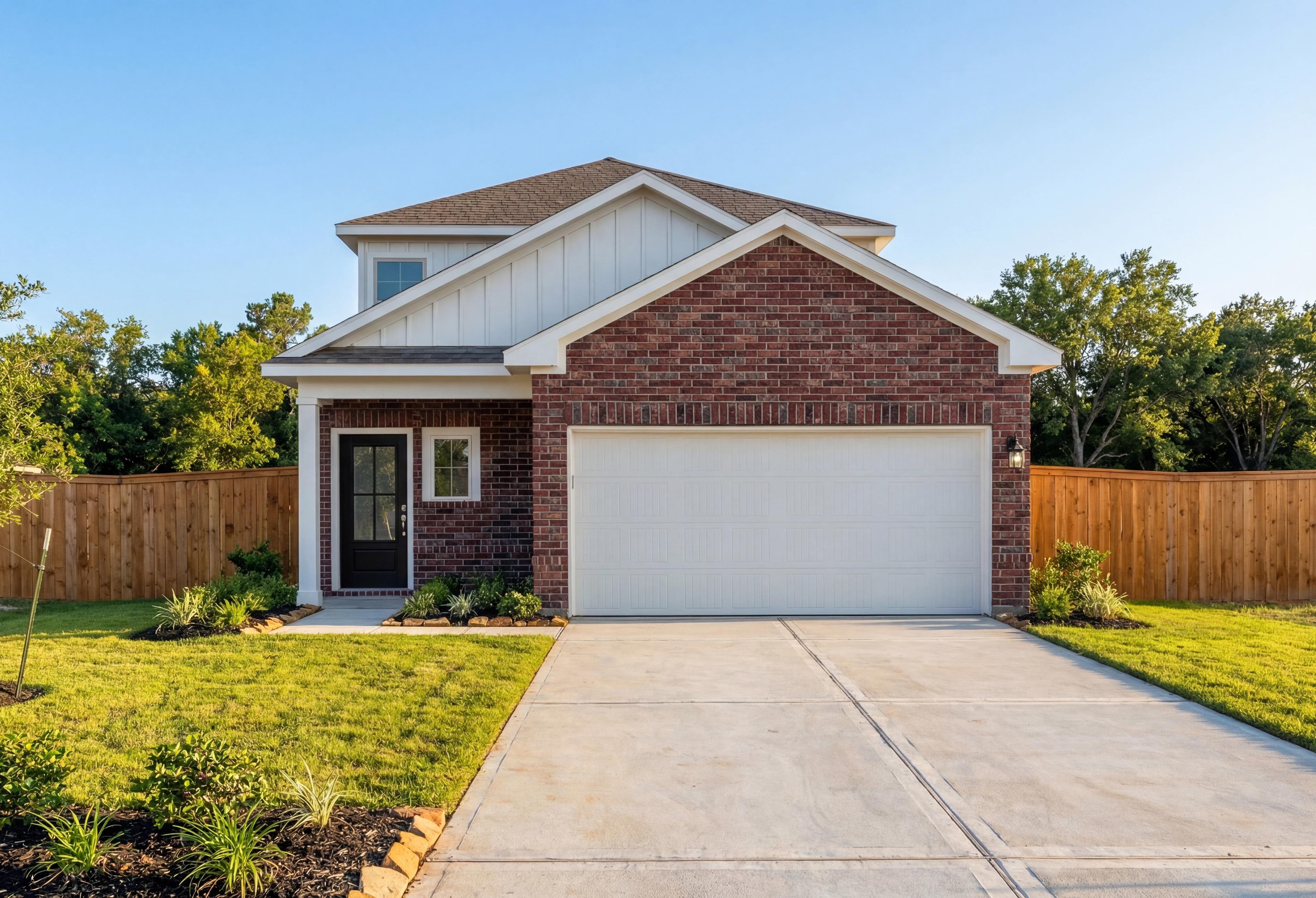 Two-story The Sabine F home elevation with brick and white siding exterior, 2-car garage, driveway, and landscaped yard in Magnolia Texas