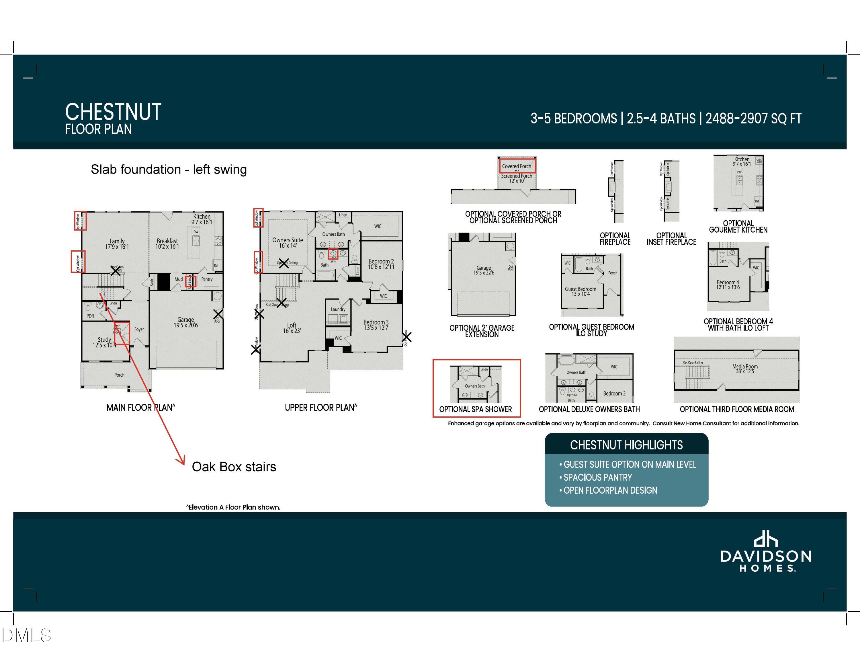 Detailed Chestnut B floor plan by Davidson Homes: 3-bed, 2.5-bath, 2503 sq ft 2-story layout with main and upper levels in Lillington, NC