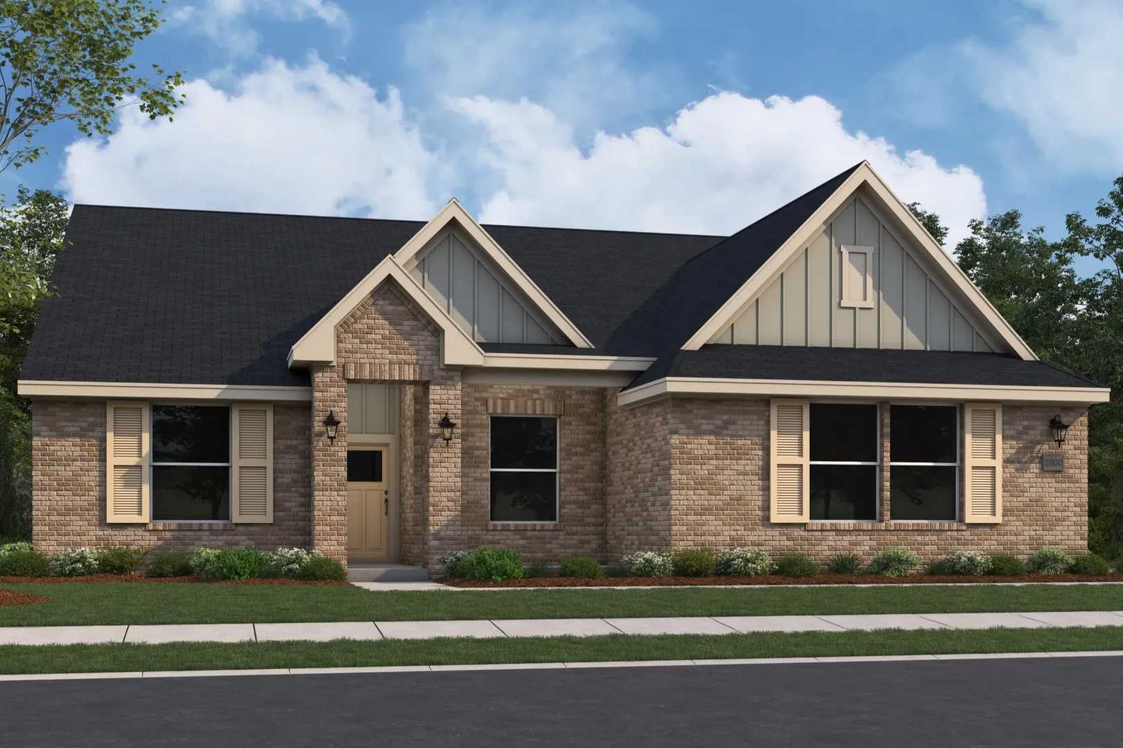 Modern single-story exterior of The Arcadia M showcasing brick facade, beige siding accents, and 3-car garage by Evermore Homes