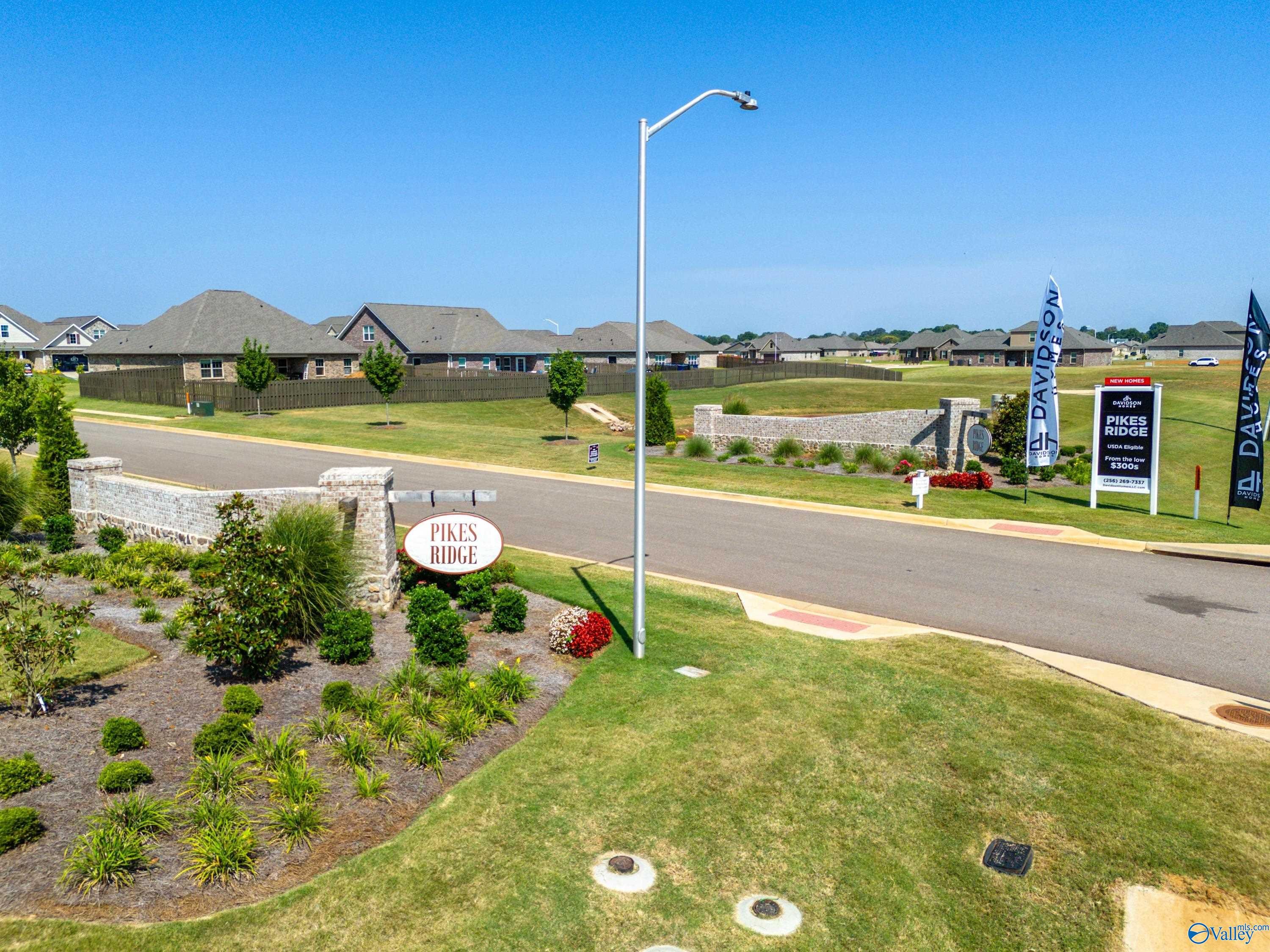 Pikes Ridge community entrance with stone sign, landscaped greenery, flags, and Davidson Homes signage in Meridianville, Alabama