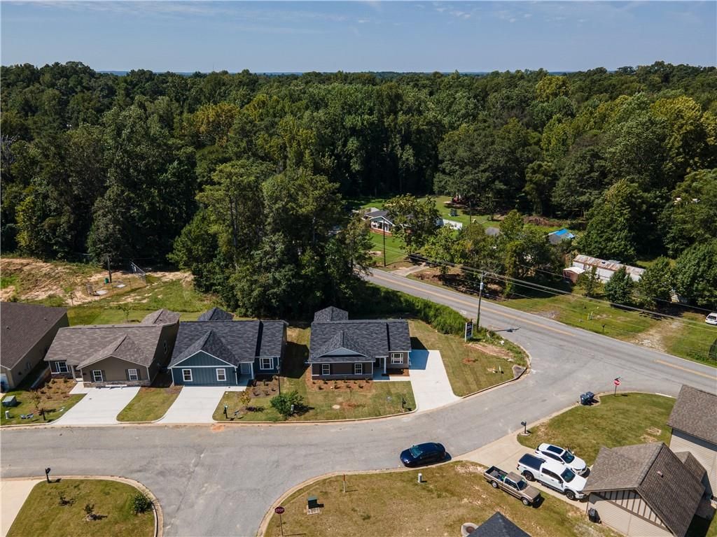 Aerial view of modern 3-bedroom homes in Summer Vineyard, Phenix City, Alabama, surrounded by lush forests and pool