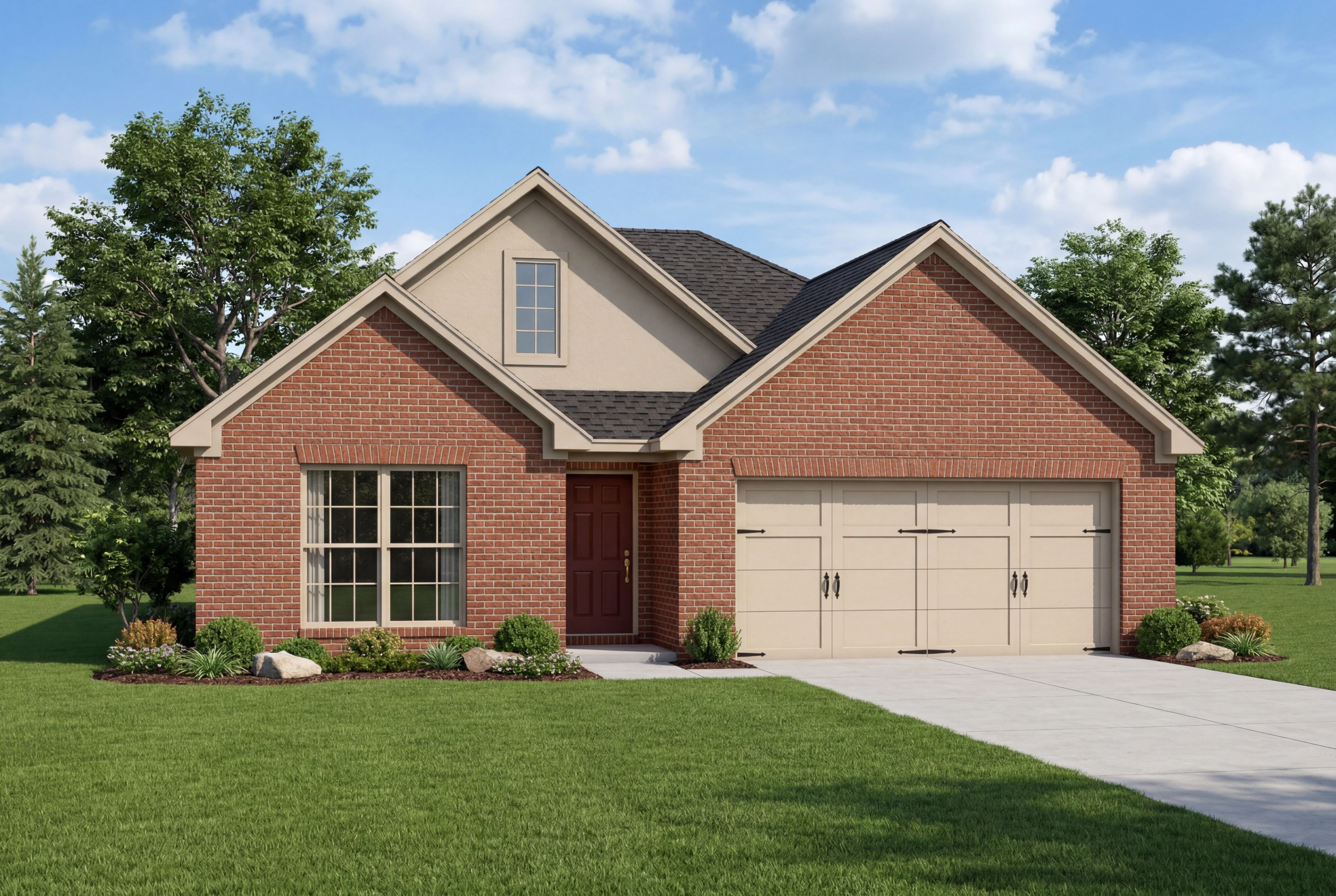 The Franklin C elevation by Davidson Homes featuring a 1-story red brick exterior and 2-car garage in Cullman, Alabama.