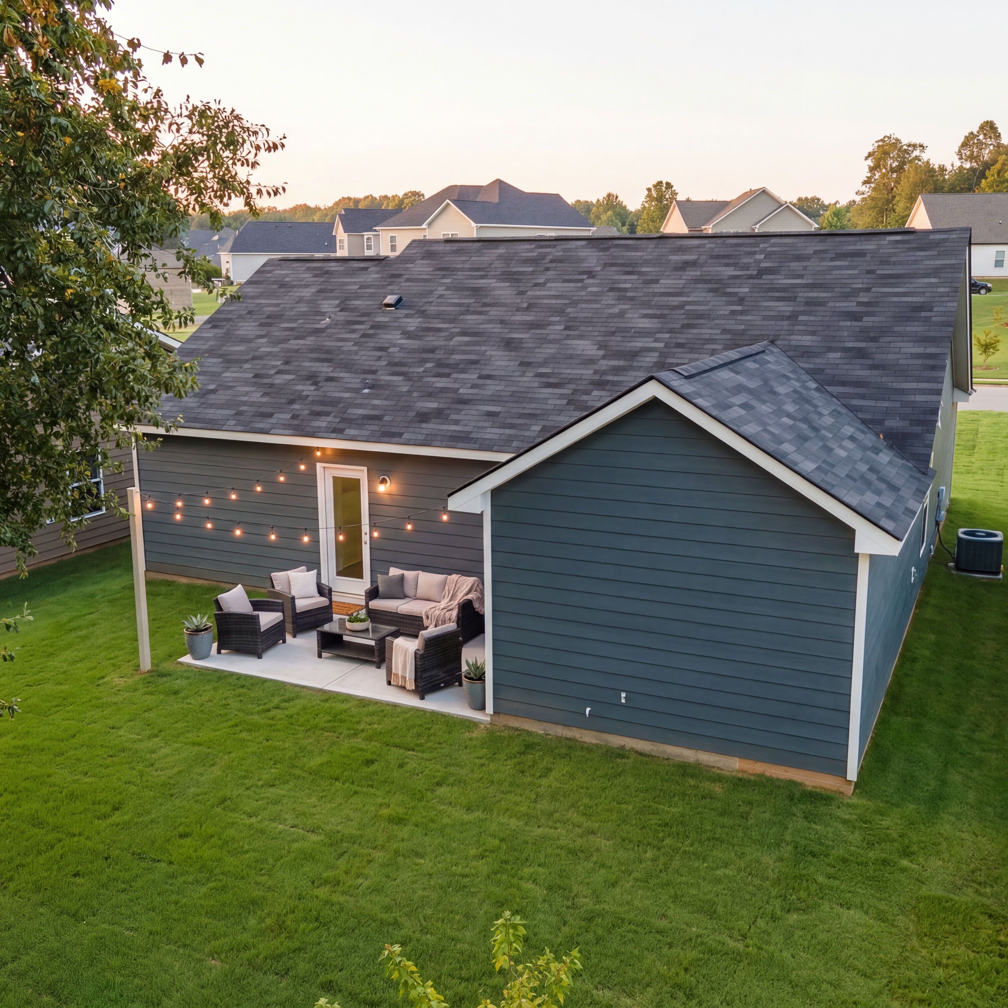 Spacious open-concept living room and kitchen at Summer Vineyard in Phenix City AL with white sofas, island bar, and stainless appliances