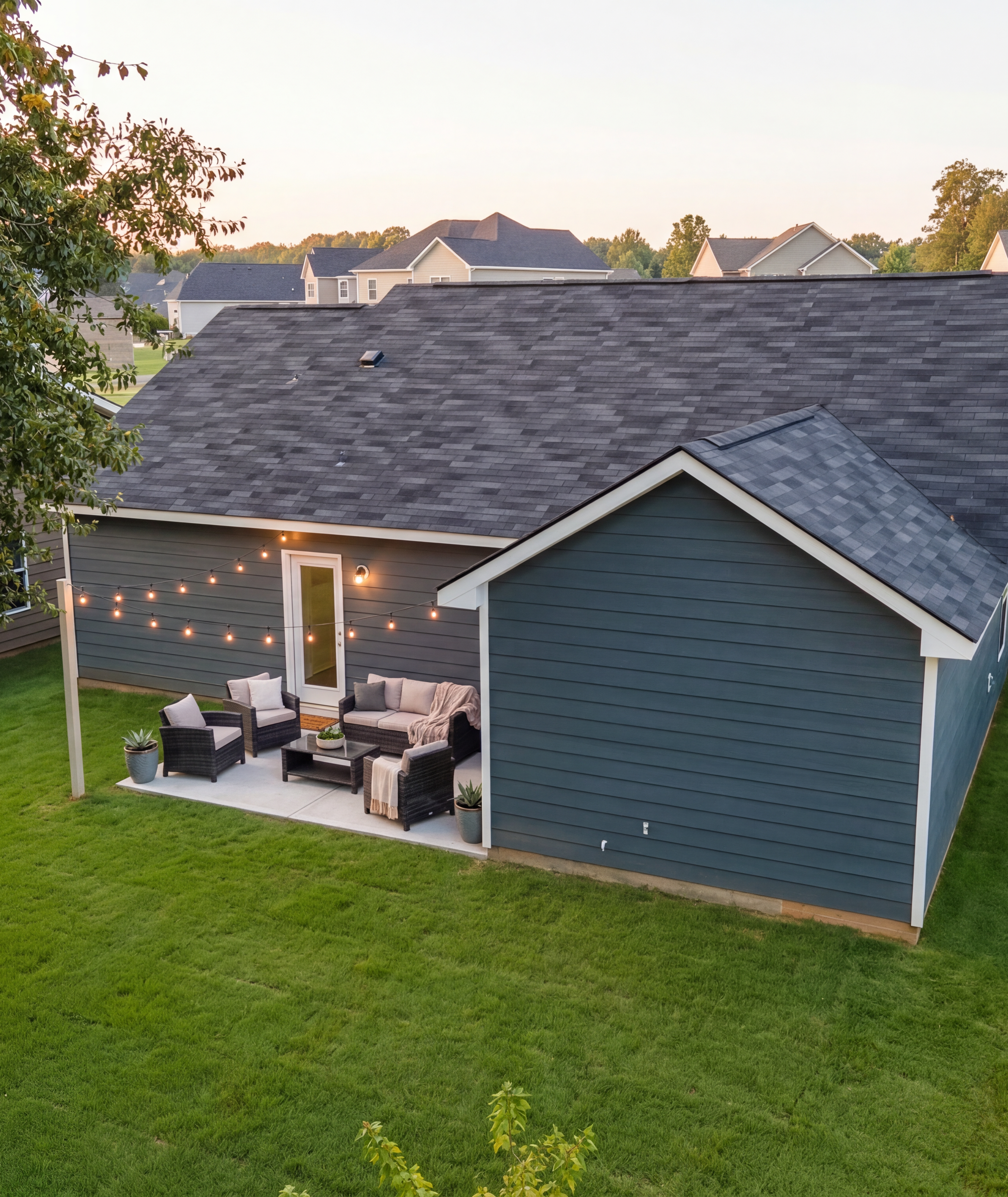 Spacious open-concept living room and kitchen at Summer Vineyard in Phenix City AL with white sofas, island bar, and stainless appliances