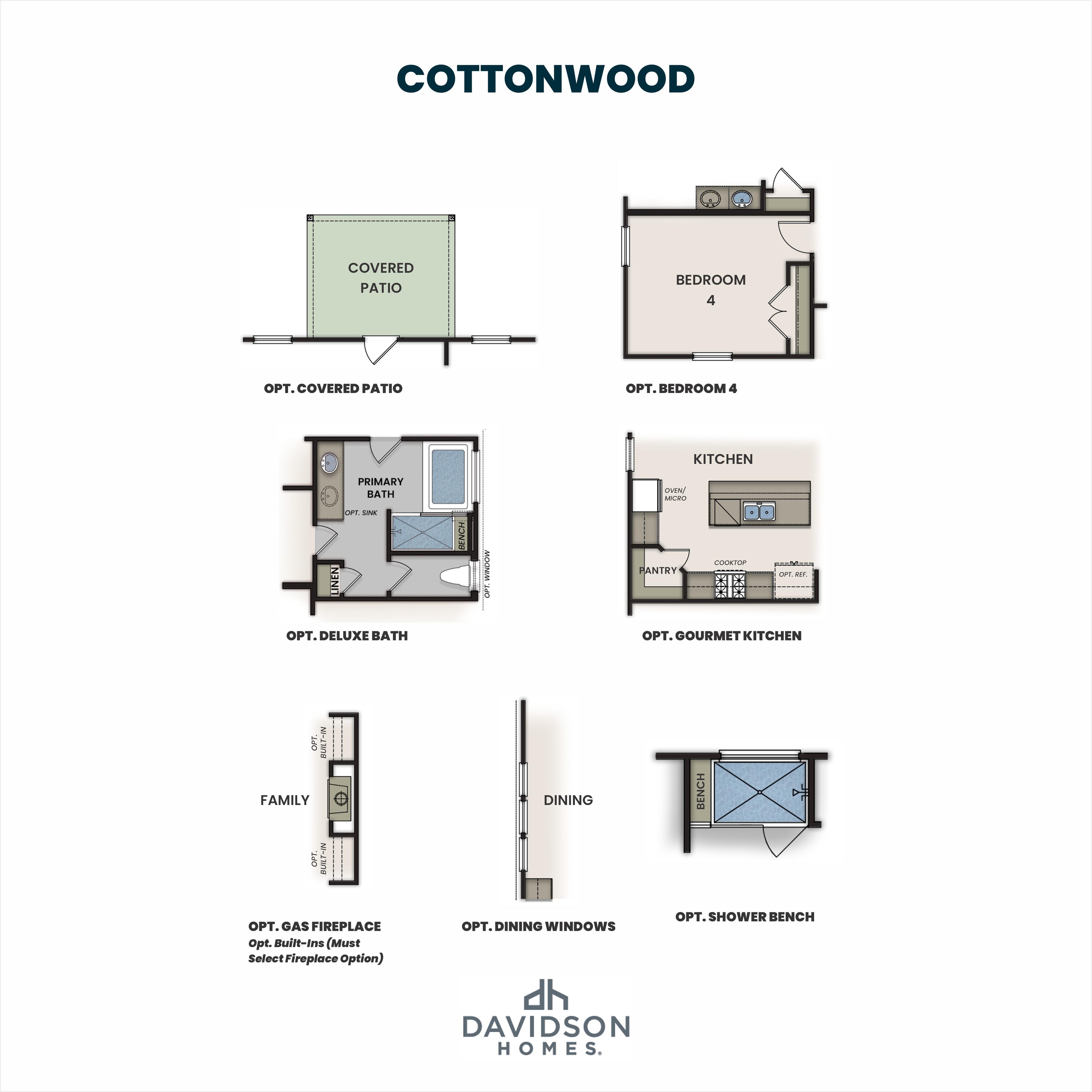 Cottonwood E floor plan by Davidson Homes: 3-4 bed, 2 bath, 1,841 sq ft single-story layout with opt. gourmet kitchen, covered patio, gas fireplace, deluxe bath