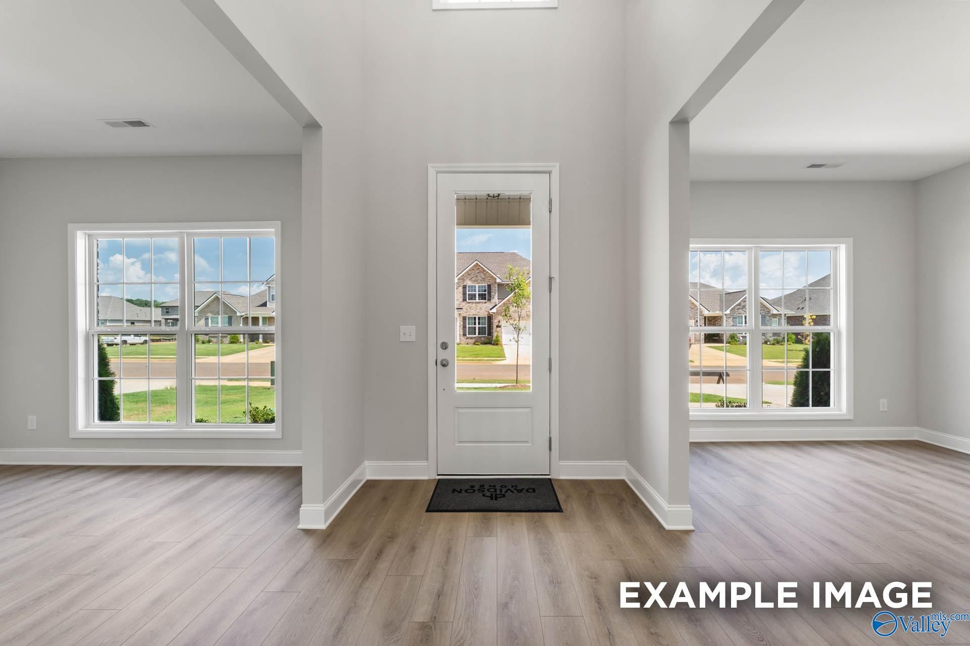 Grand two-story foyer with vaulted ceiling, large windows overlooking neighborhood in Davidson Homes Madison A, Meridianville, AL