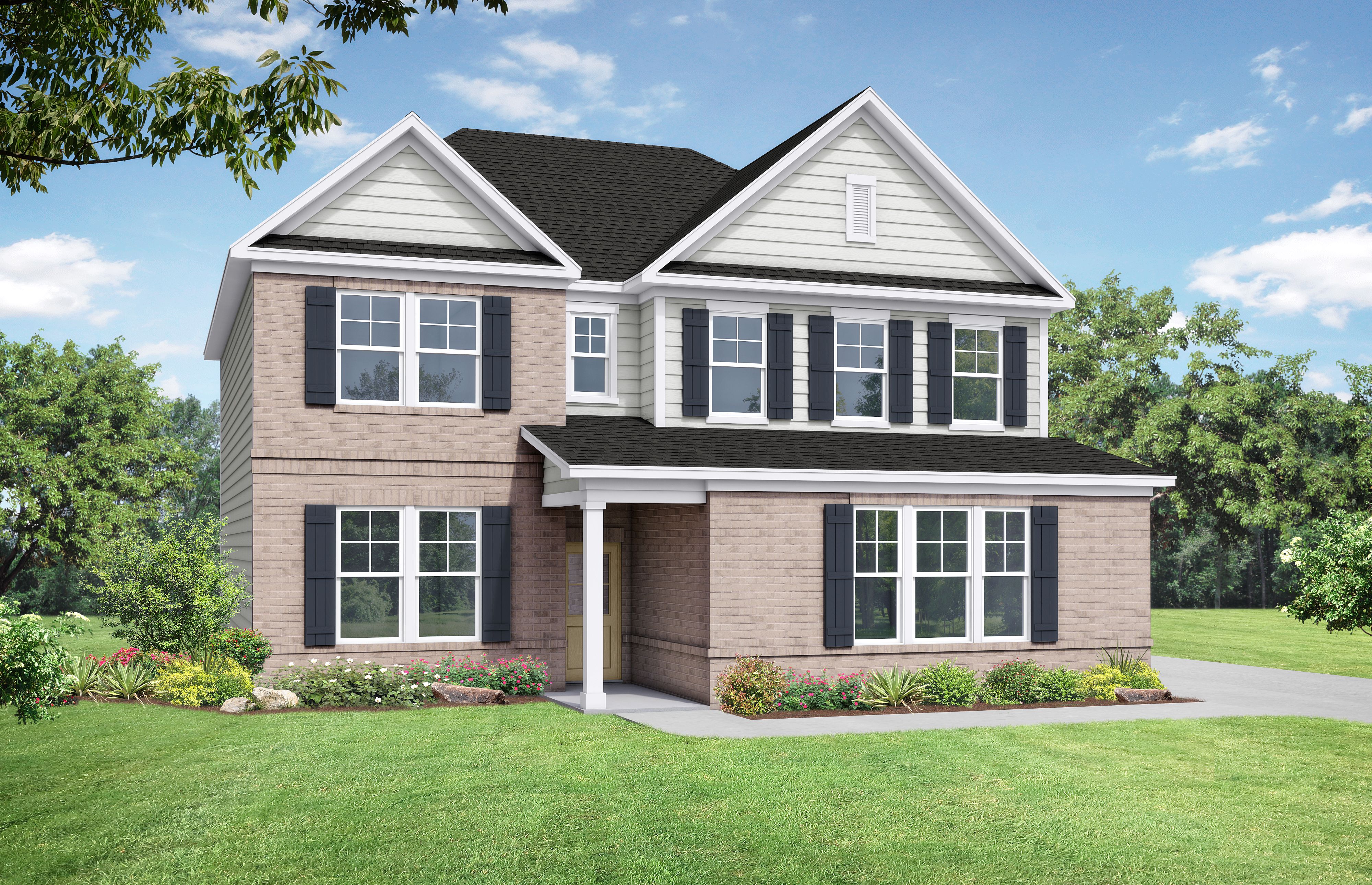 Two-story brick and siding exterior of The Willow C home design featuring a charming front porch and traditional windows.