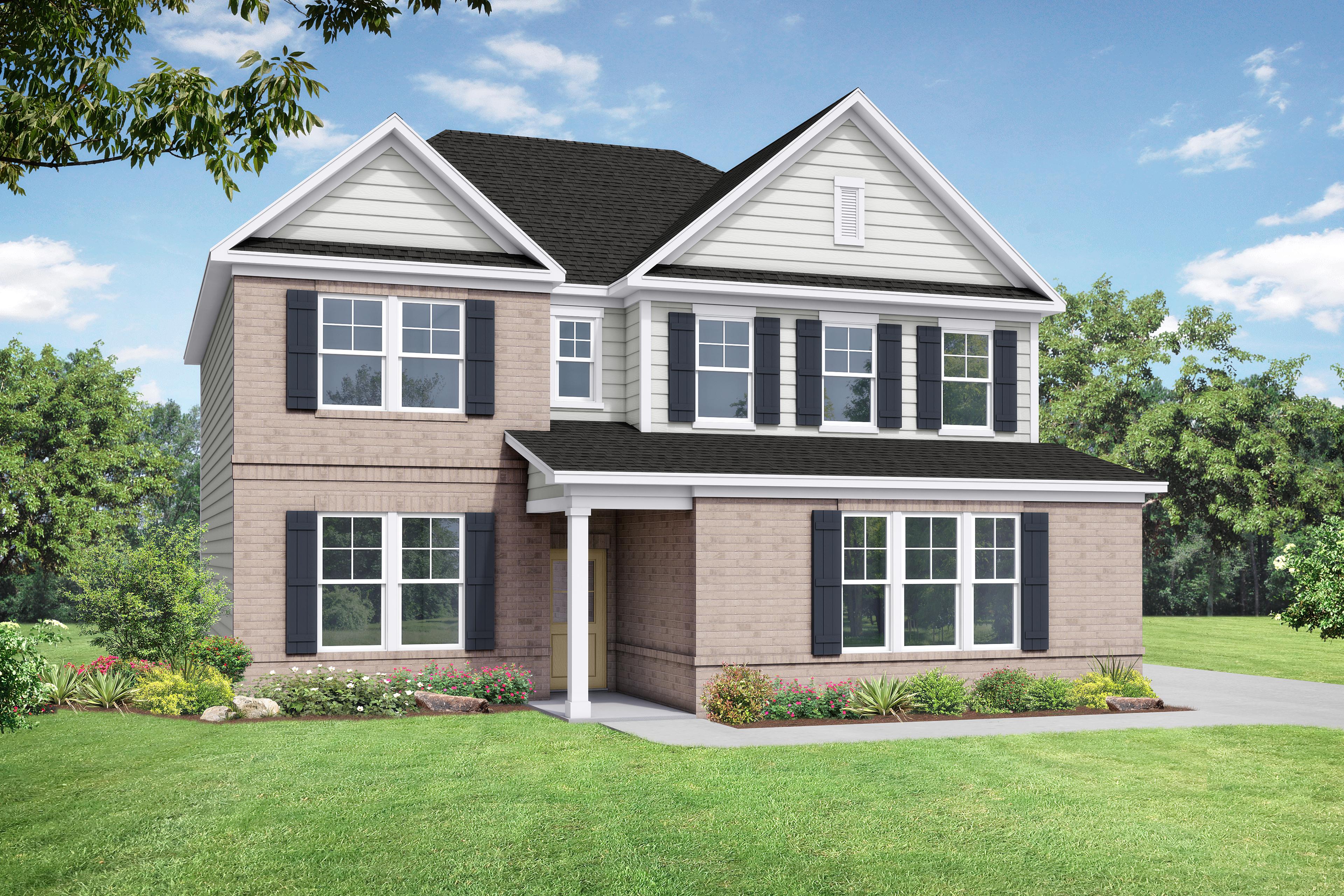 Two-story brick and siding exterior of The Willow C home design featuring a charming front porch and traditional windows.