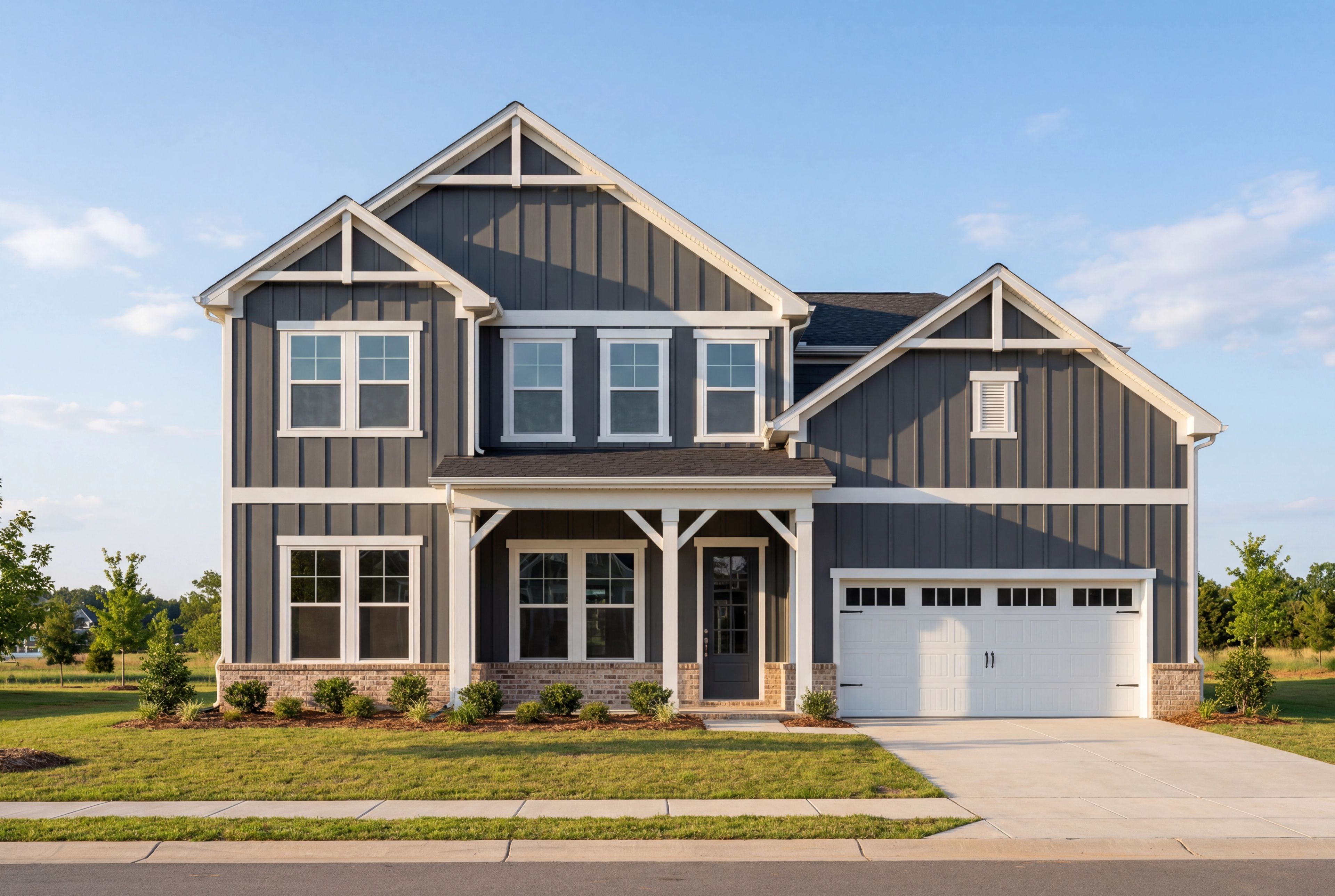 Modern 2-story Barrington B home by Davidson Homes in Apex NC with gray siding, brick accents, covered porch, and 2-car garage