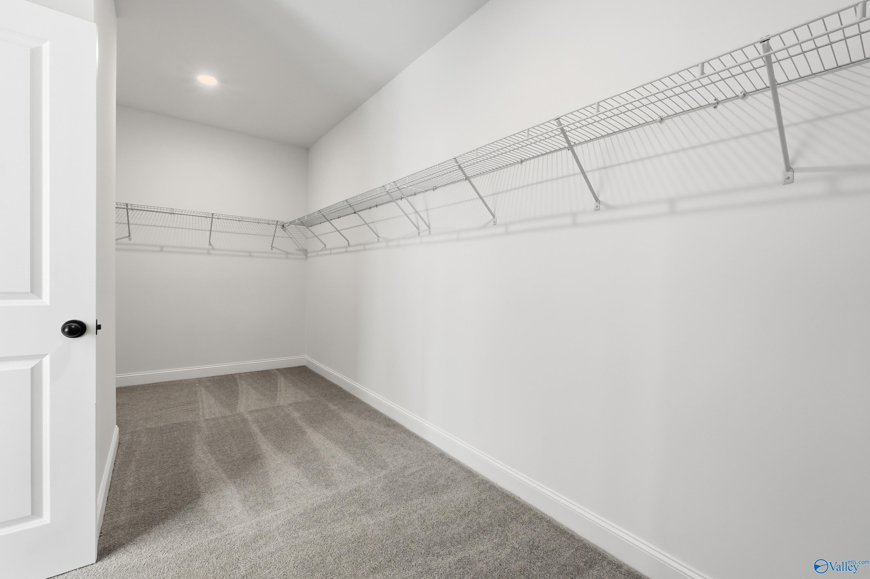 Spacious walk-in closet with wire shelving, carpeted floor, and white walls in Davidson Homes The Rockford, Harvest, AL