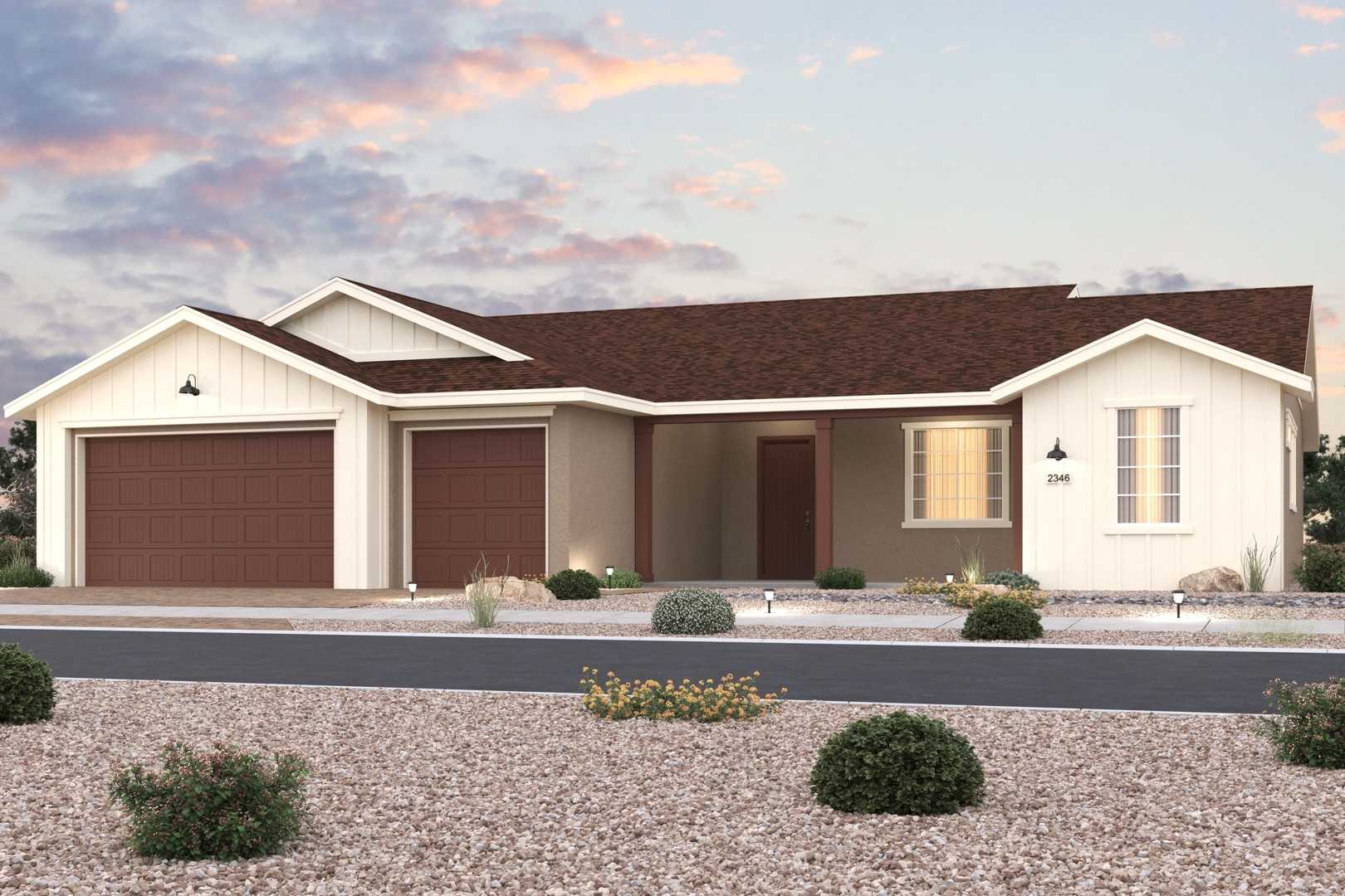 The Monarch 1-story home elevation with 3-car garage, white siding, brown roof, desert landscaping in Prescott Valley AZ