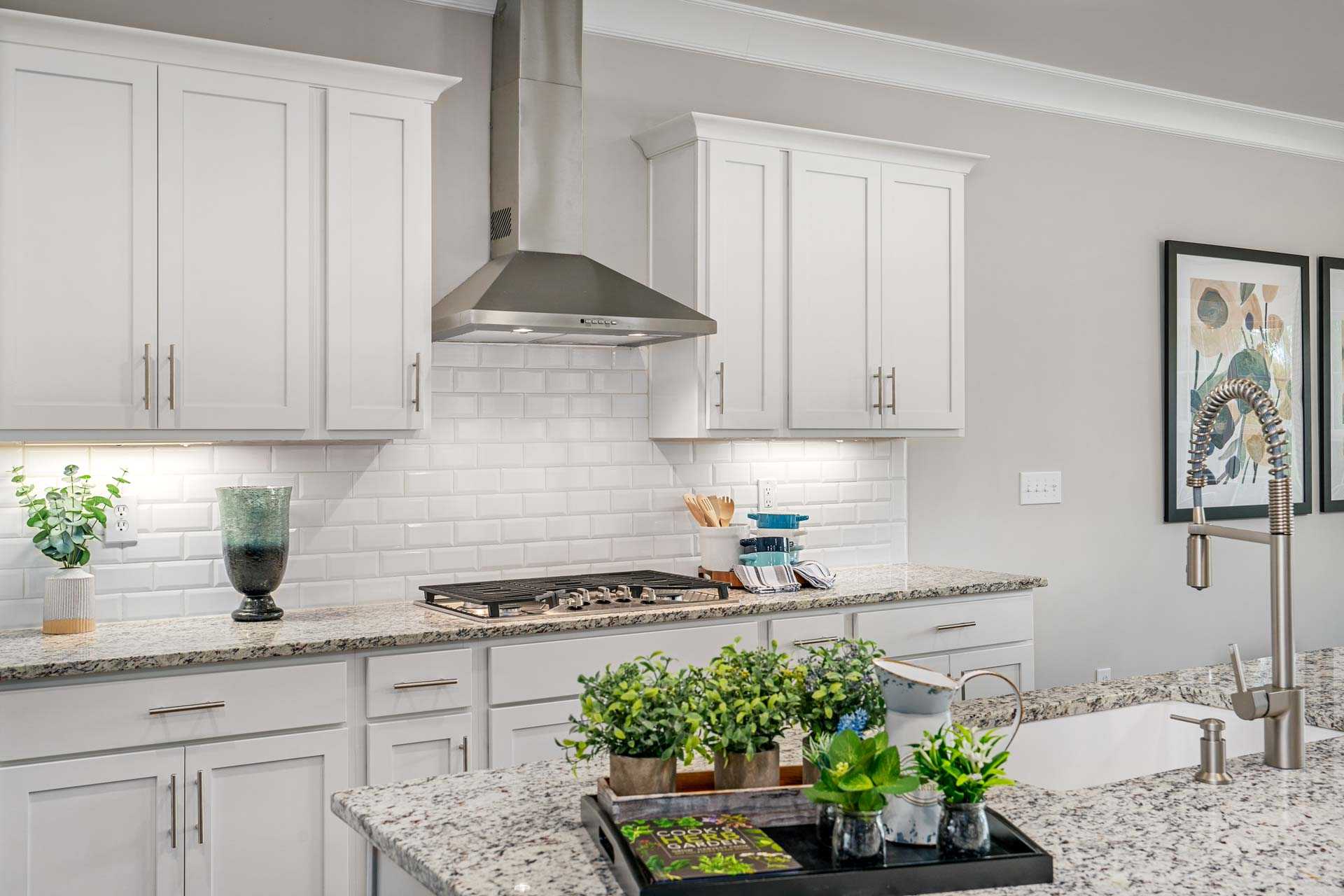 Modern kitchen in Kendall Downs Toney AL with white shaker cabinets, granite island, stainless steel appliances, subway tile backsplash, potted plants