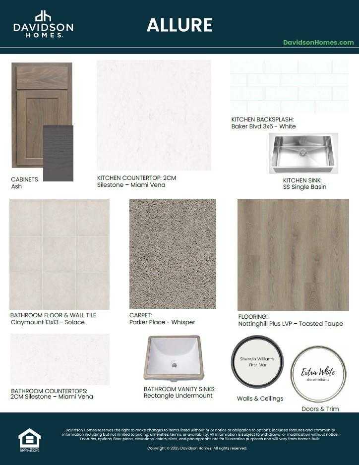 Interior material selections for Davidson Homes The Brazos E: shaker cabinets, quartz countertops, whisper carpet, LVP flooring in Liberty Estates home