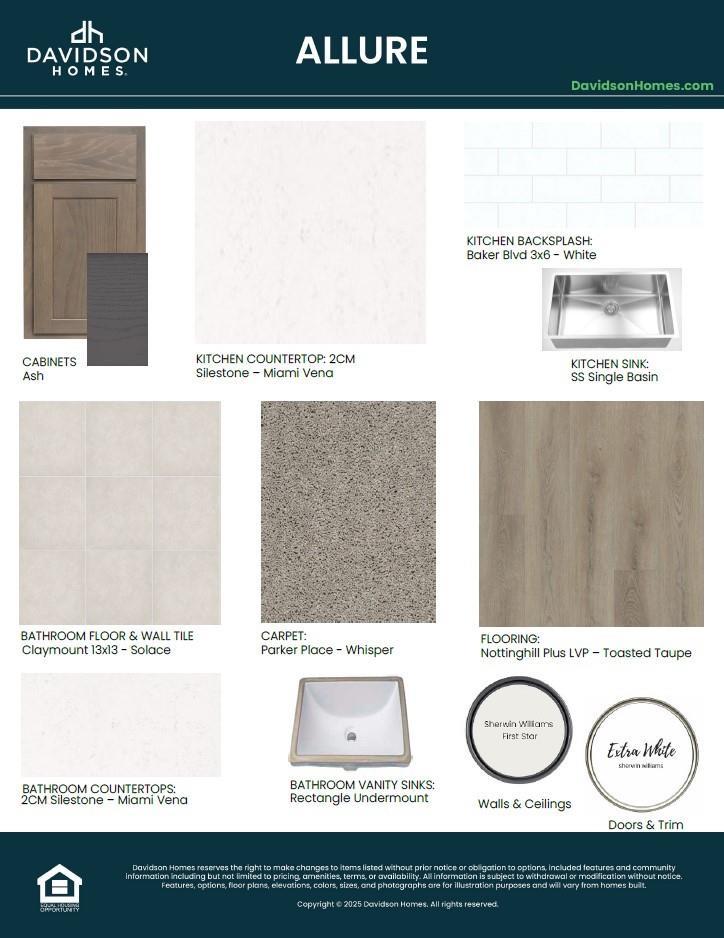 Davidson Homes Allure selections: shaker white cabinets, Zodiaq Calacatta countertops, Solace tile, Whisper carpet, Nottingham LVP flooring
