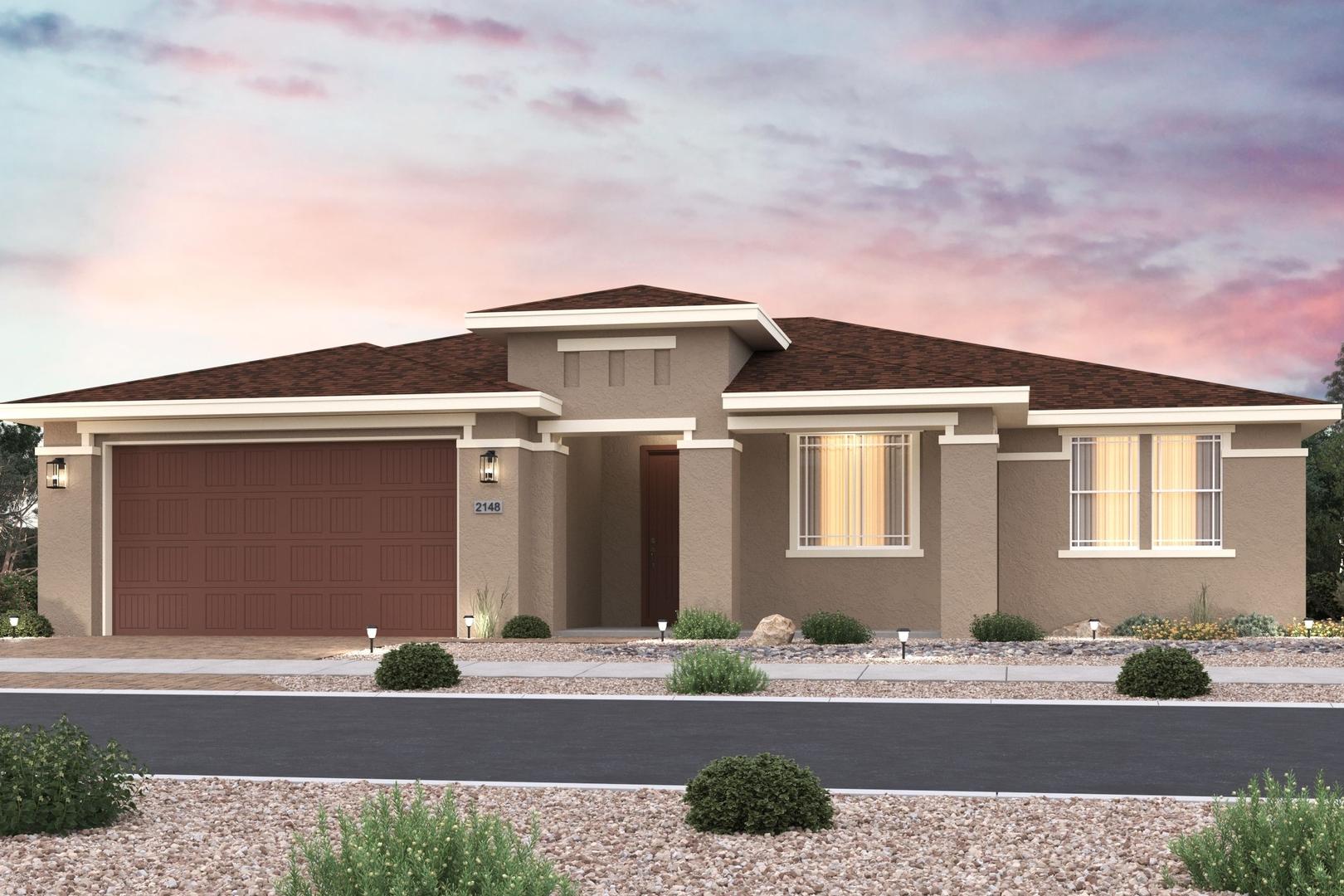Modern stucco single-story elevation of The Summit C with 3-car garage, sunset backdrop, and desert landscaping in Prescott Valley