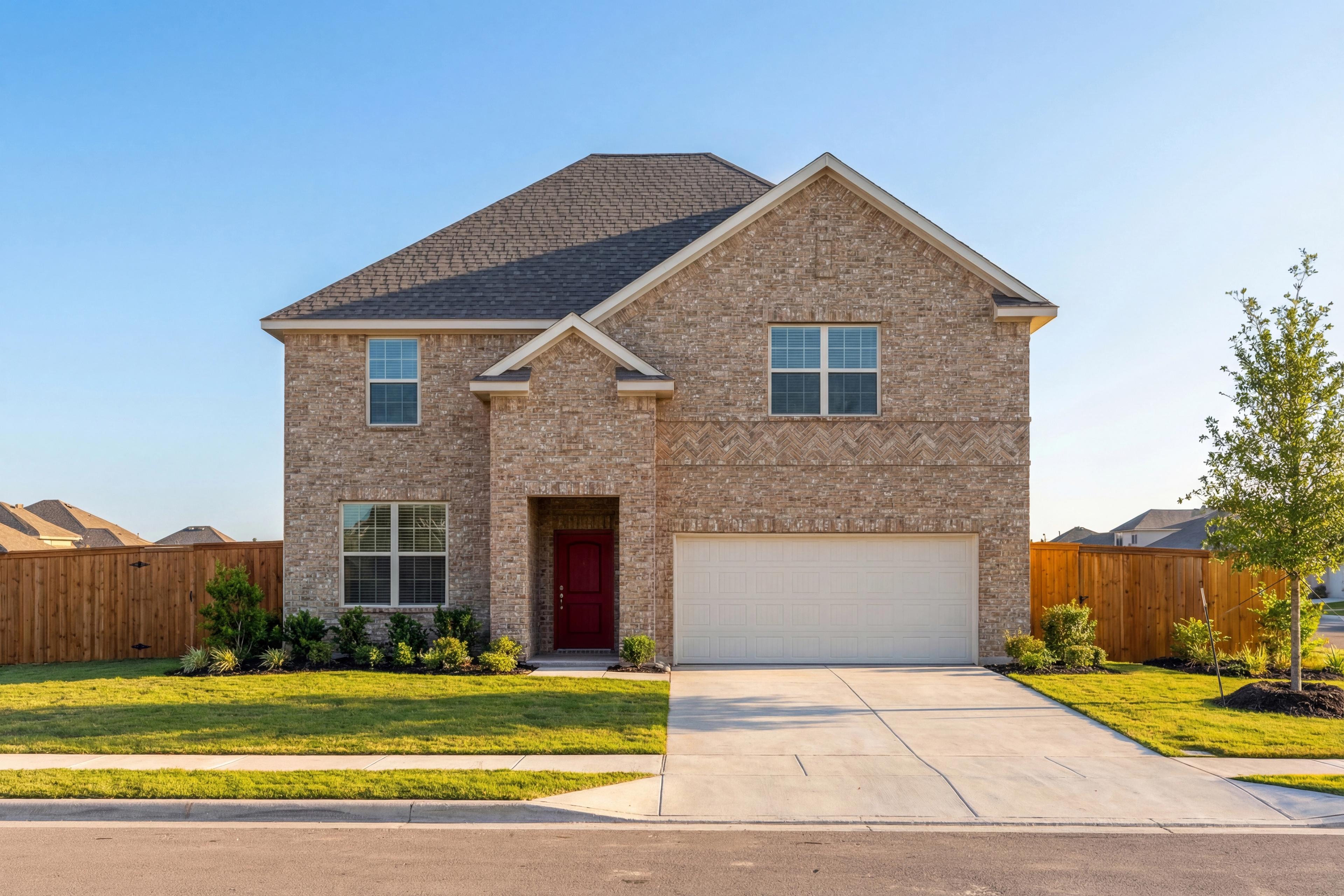 Two-story Sequoia M brick home elevation by Davidson Homes in Royse City, Texas, with two-car garage, red door, and landscaped yard