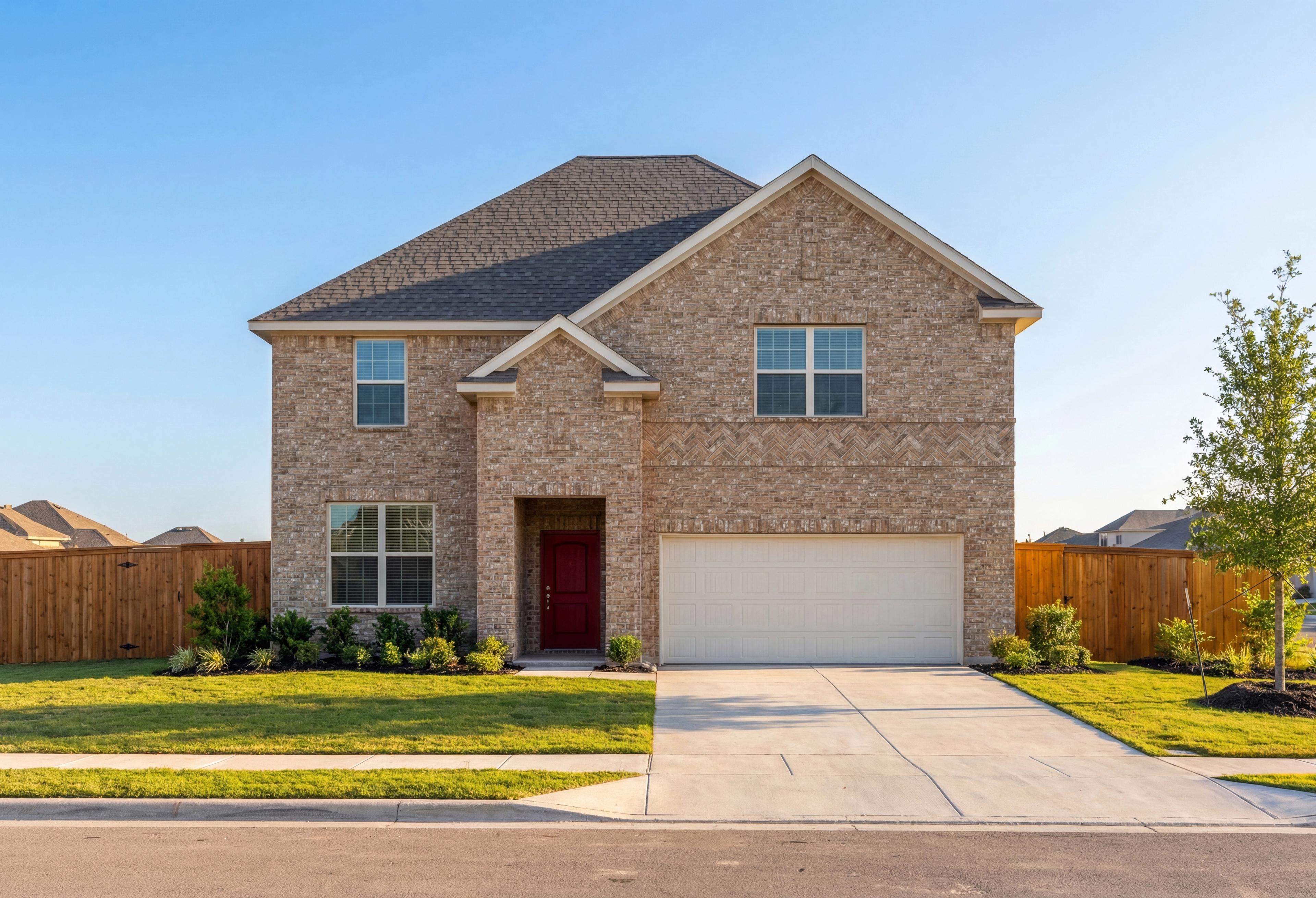 Two-story Sequoia M brick home elevation by Davidson Homes in Royse City, Texas, with two-car garage, red door, and landscaped yard