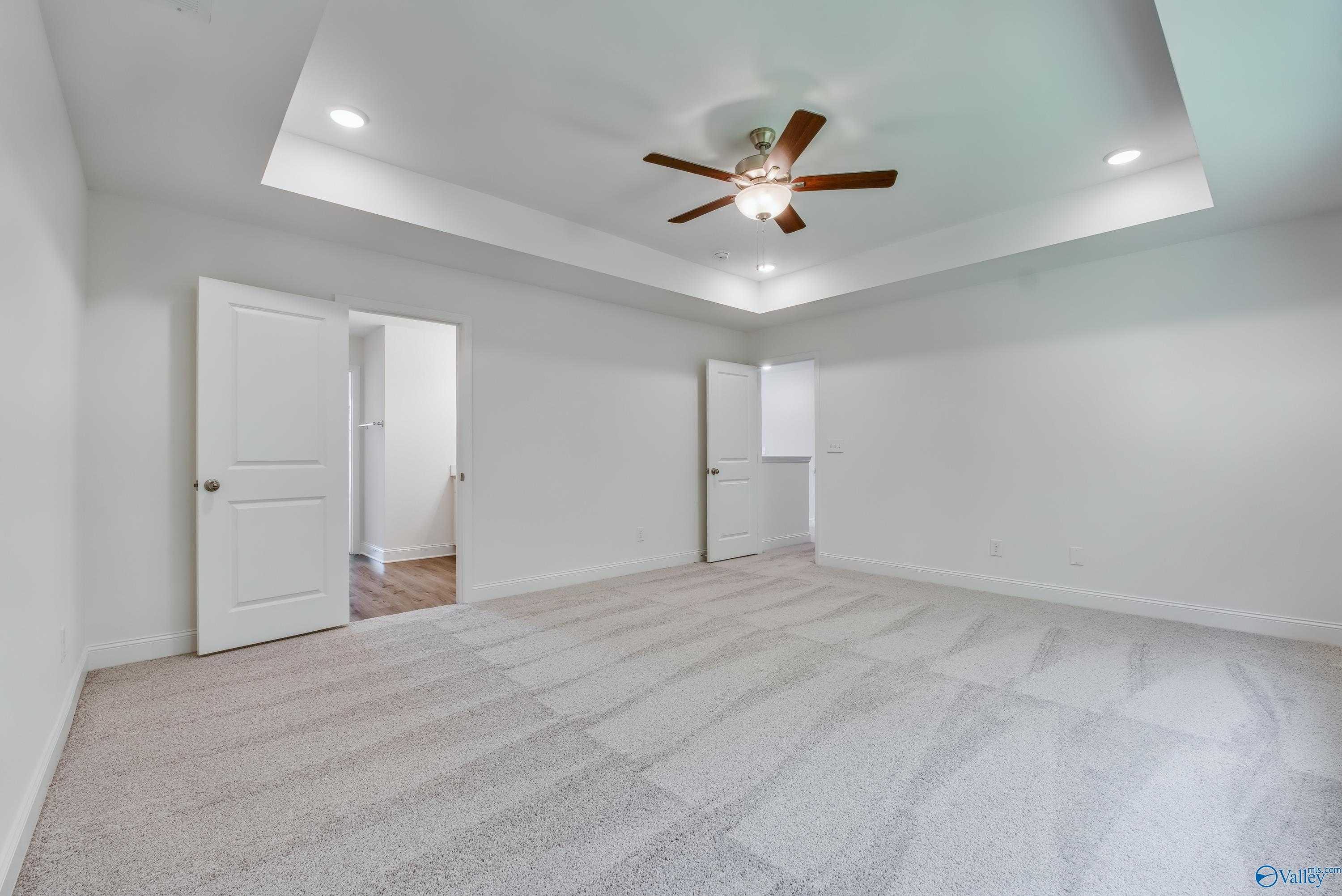 Spacious master bedroom with tray ceiling, lighted ceiling fan, and adjacent bath in Davidson Homes The Shelby A, Arab, Alabama