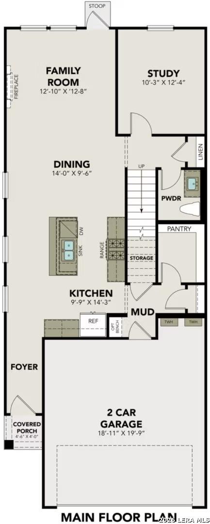 Main floor plan of The Gillian A by Davidson Homes: open kitchen, family room with fireplace, study, dining, 2-car garage in San Antonio