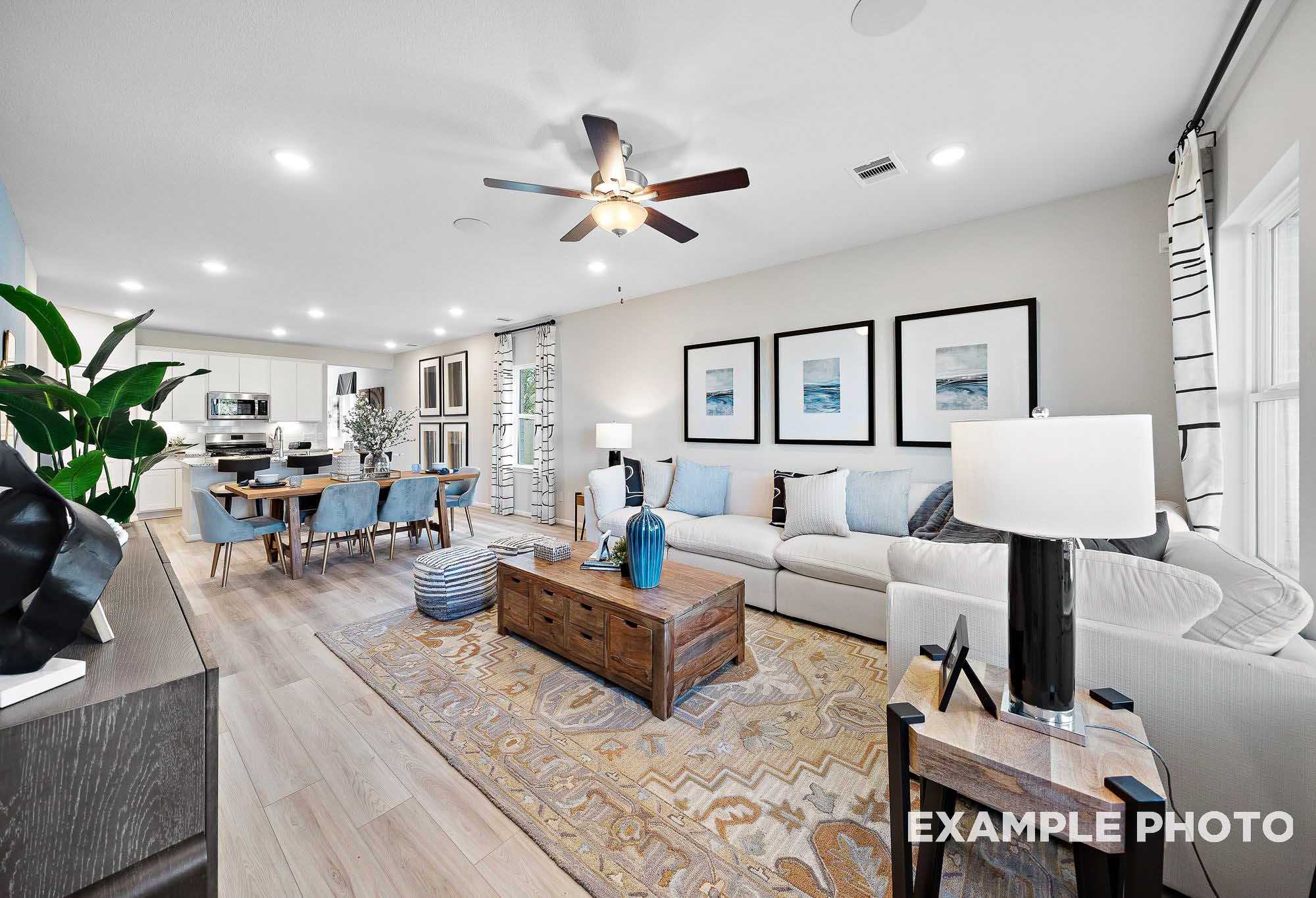 Spacious open-concept living and dining area in The San Marcos with modern sofa, wooden table, blue chairs, and kitchen views