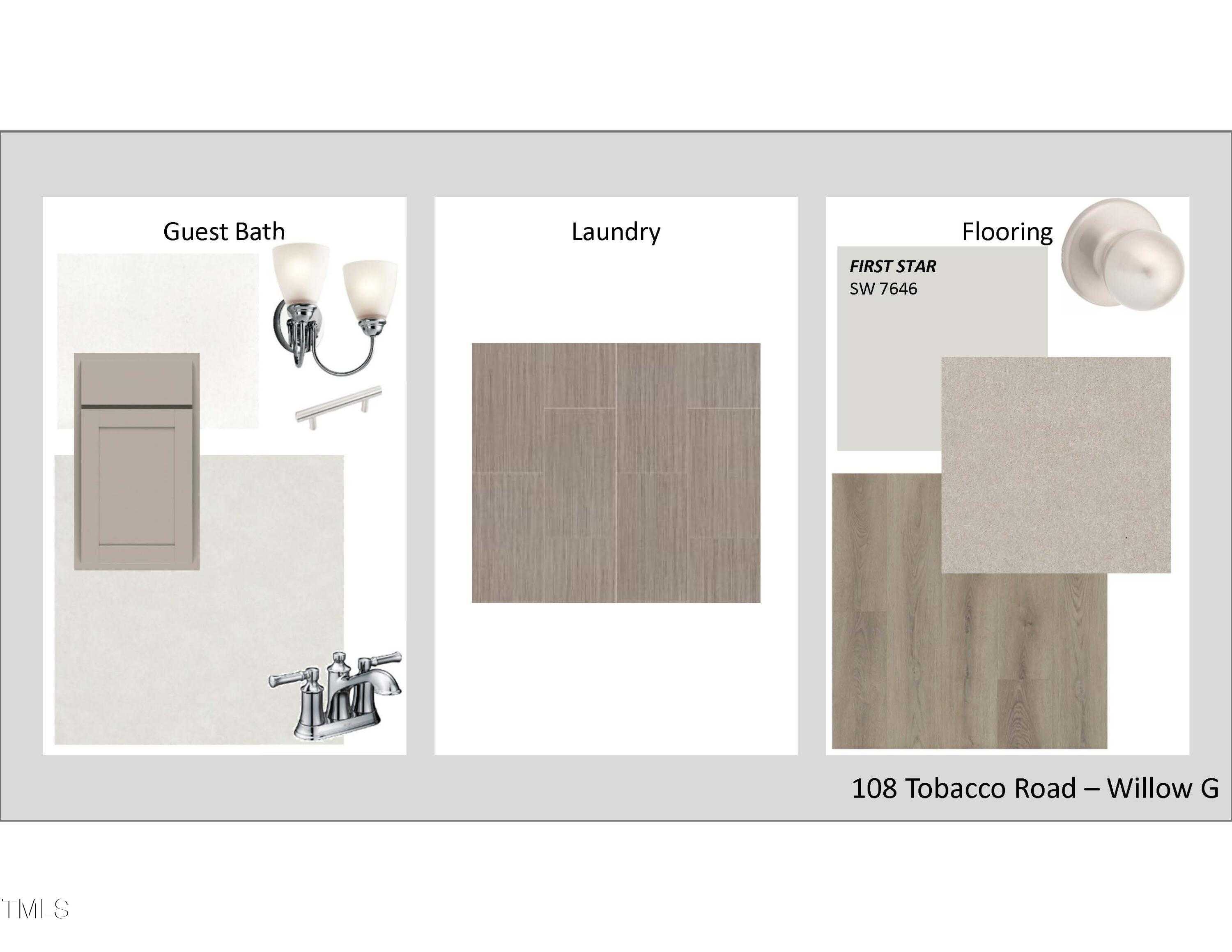 Guest bath vanity with fixtures, laundry cabinets, and SW 7546 neutral flooring samples in Davidson Homes The Willow C, Angier, NC