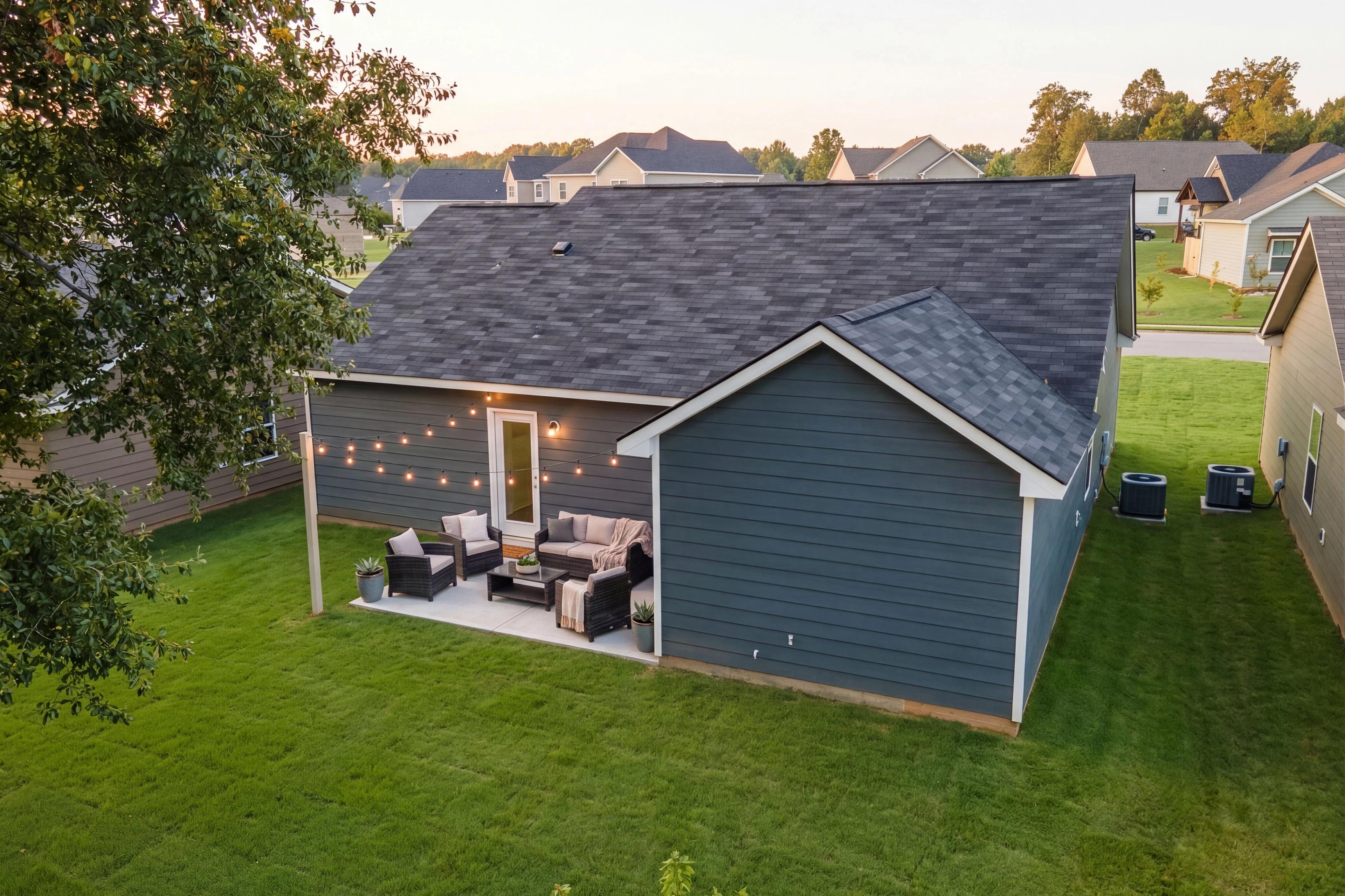Cozy navy blue home backyard patio at Summer Vineyard in Phenix City Alabama with lounge seating, string lights and lush green lawn